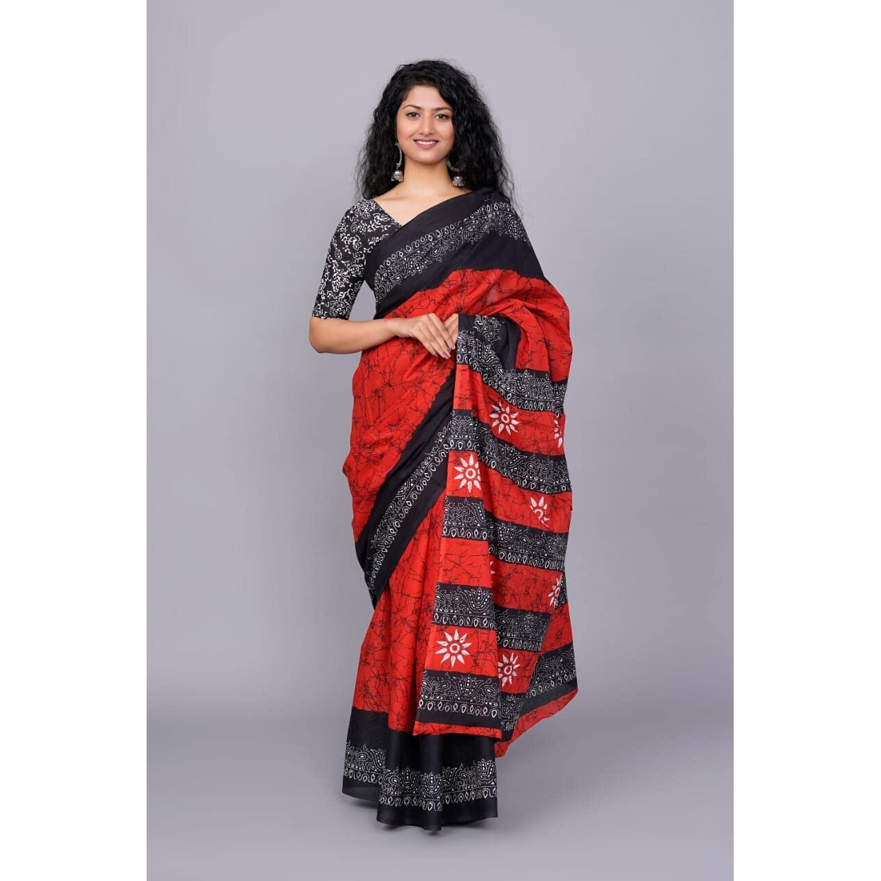 Kiaaron Womens Ikat Hand Block Print Jaipuri Cotton Mulmul Saree with Blouse Piece - Red_26