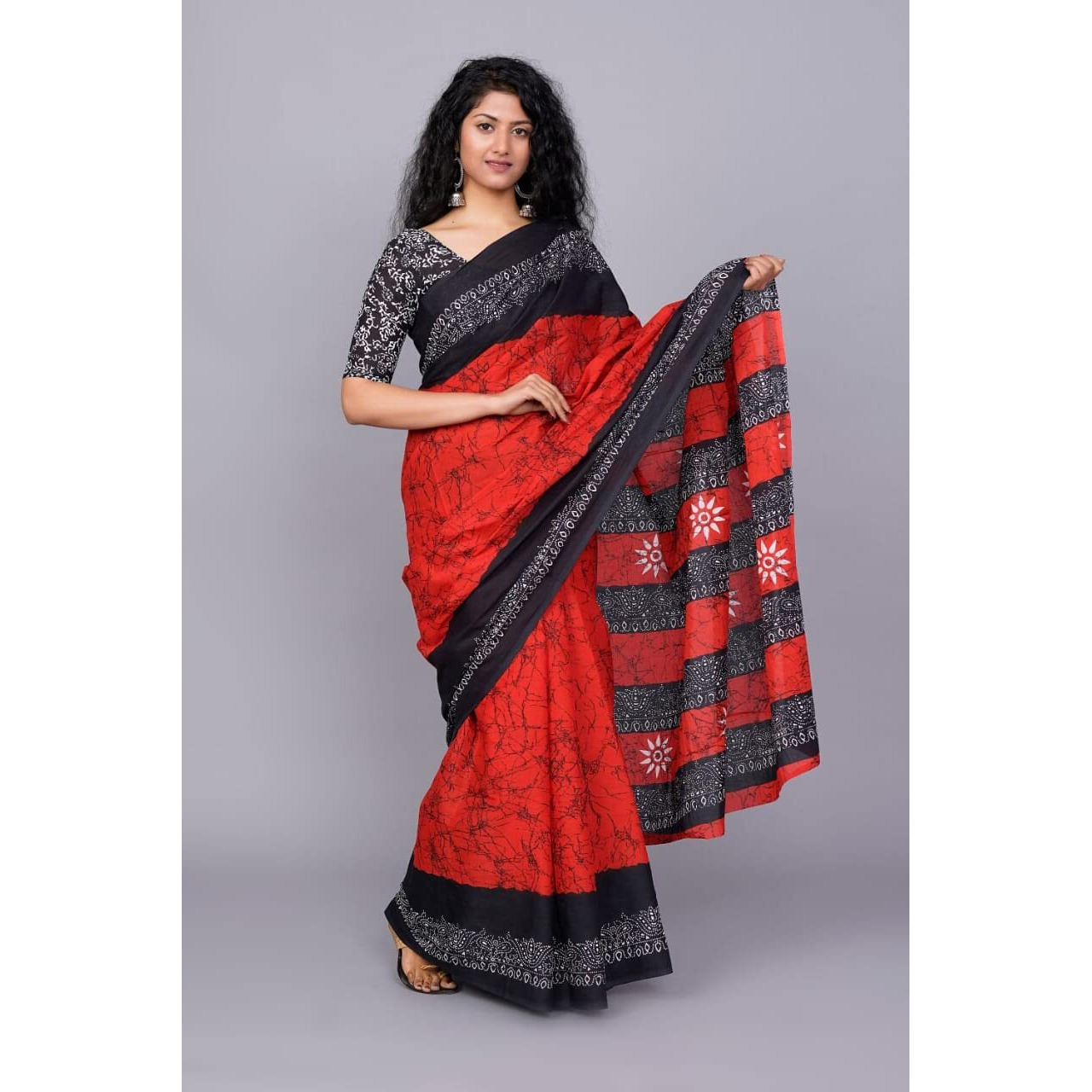 Kiaaron Womens Ikat Hand Block Print Jaipuri Cotton Mulmul Saree with Blouse Piece - Red_26