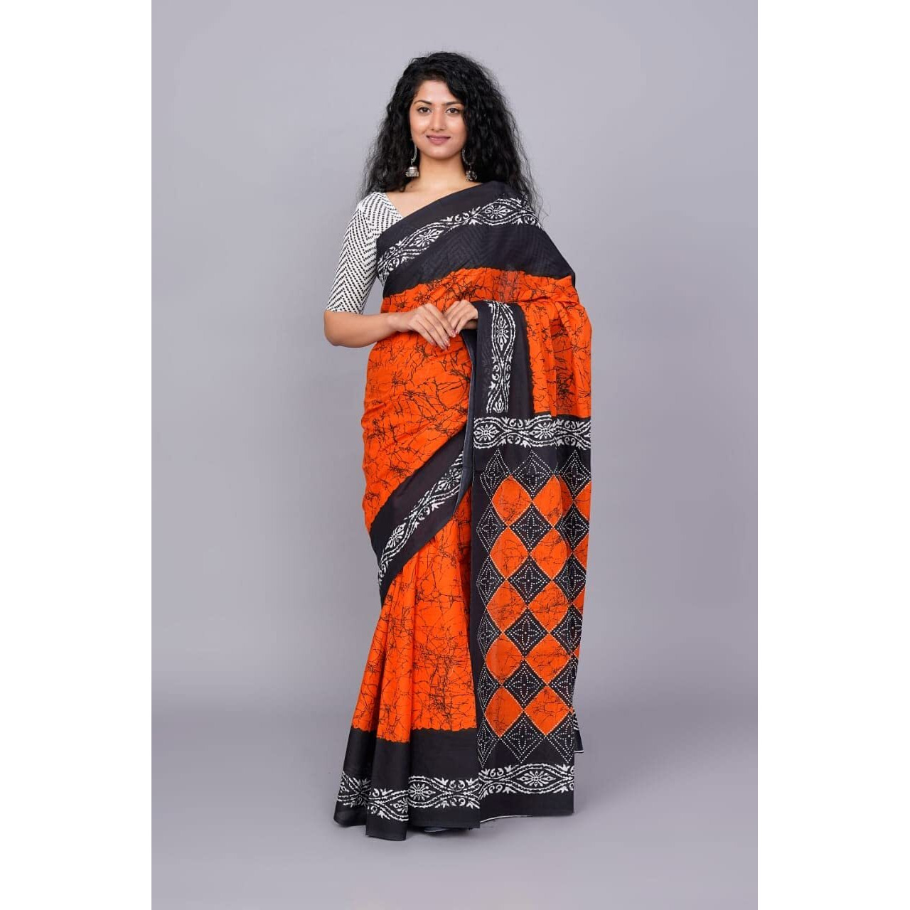 Kiaaron Womens Ikat Hand Block Print Jaipuri Cotton Mulmul Saree with Blouse Piece - Red_24