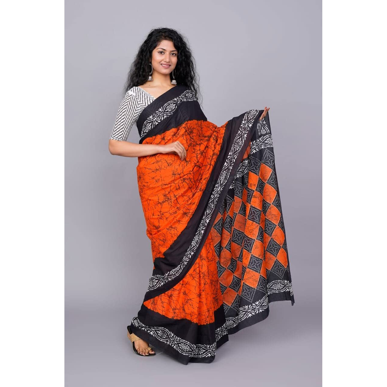 Kiaaron Womens Ikat Hand Block Print Jaipuri Cotton Mulmul Saree with Blouse Piece - Red_24