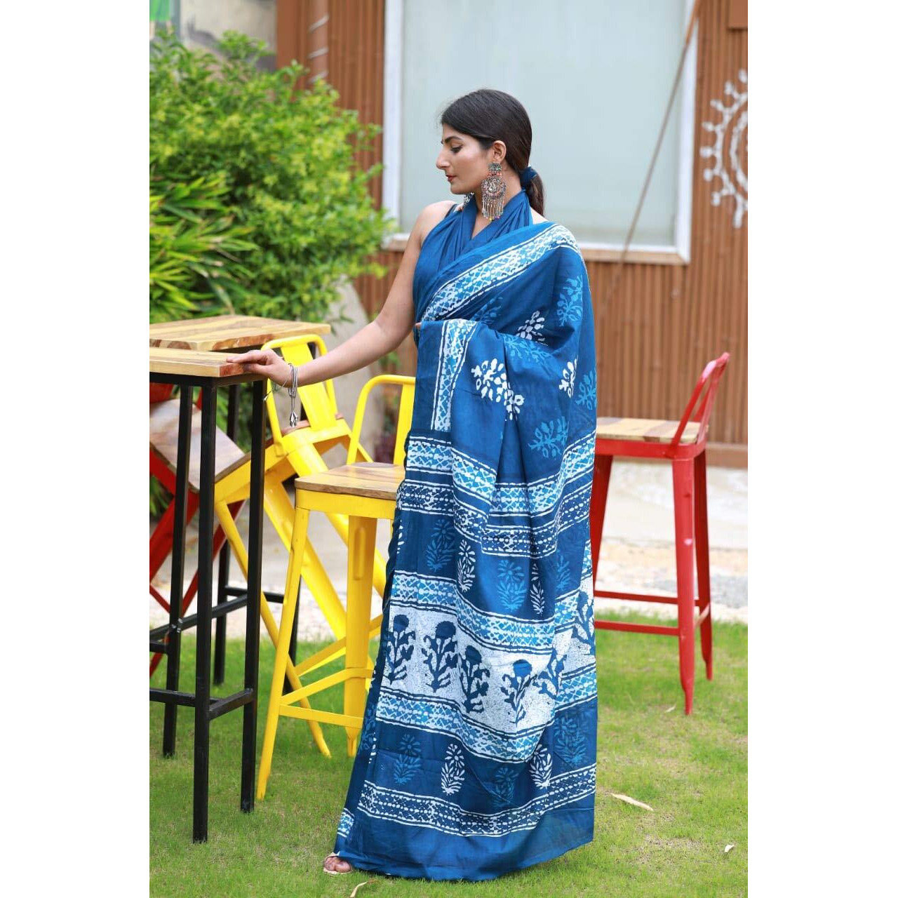 Kiaaron Womens Hand Block Kalamkari Batik Bagru Jaipuri Ikat Printed Handloom Pure Cotton Mulmul Traditional Ethnic Cotton Sarees With Printed Blouse Piece - Blue_White