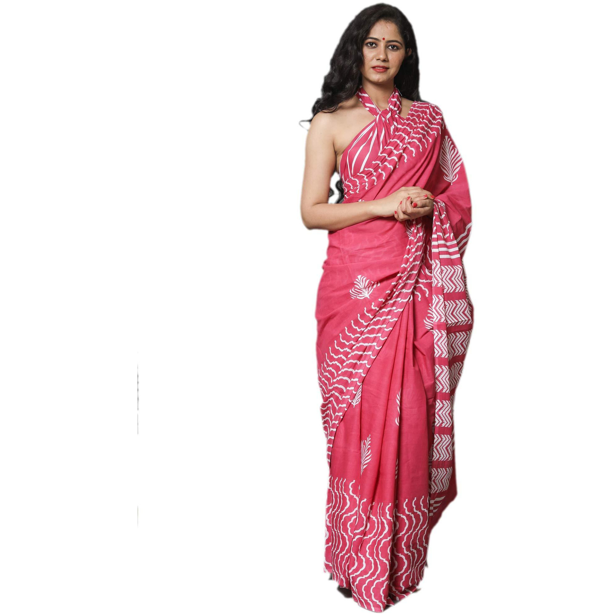 Kiaaron Womens Ikat Hand Block Print Jaipuri Cotton Mulmul Saree with Blouse Piece -Pink_Kia598