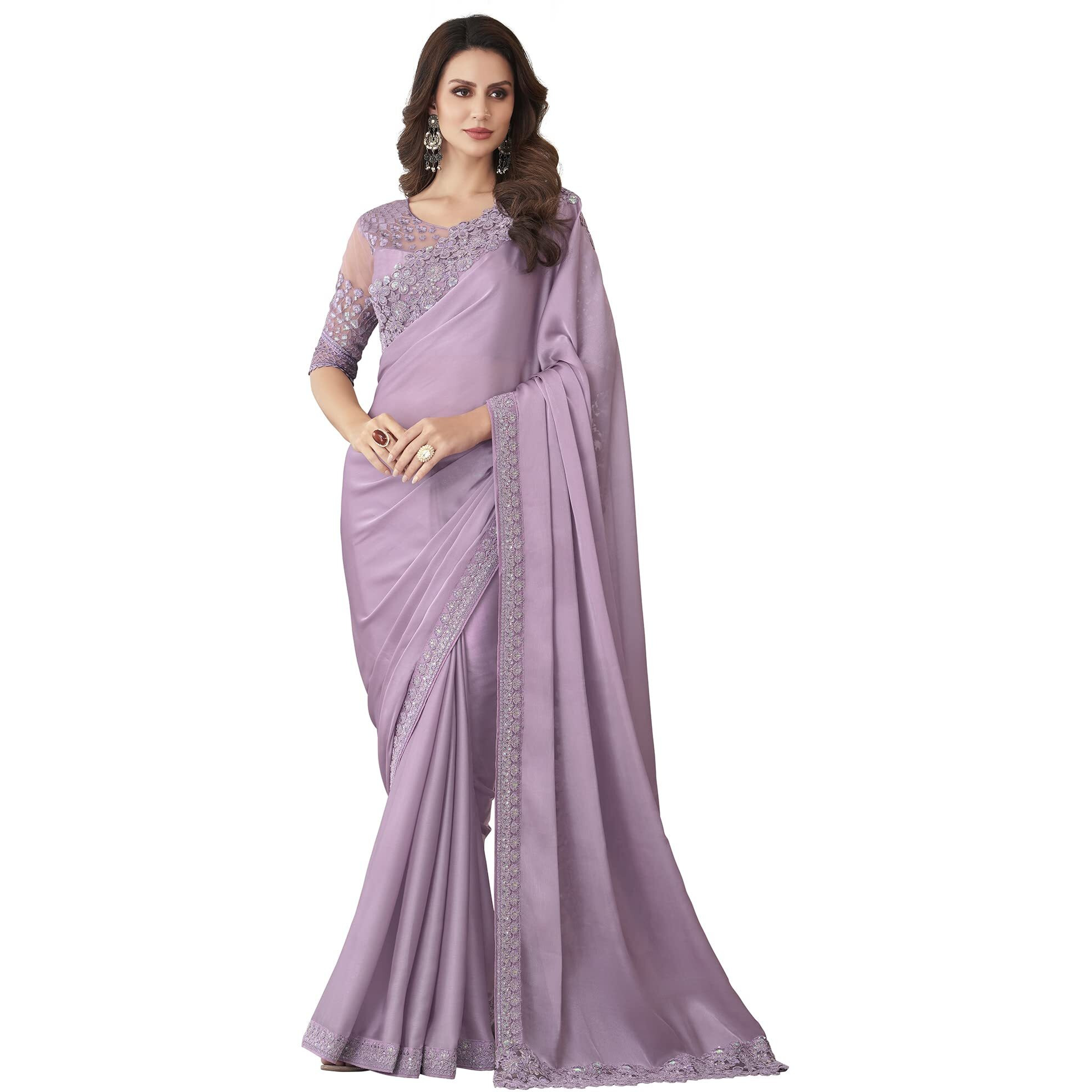 AKHILAM Womens Silk Blend Embellished Designer Saree With Blouse Piece (Lavendar_SILVER27003_TFH)