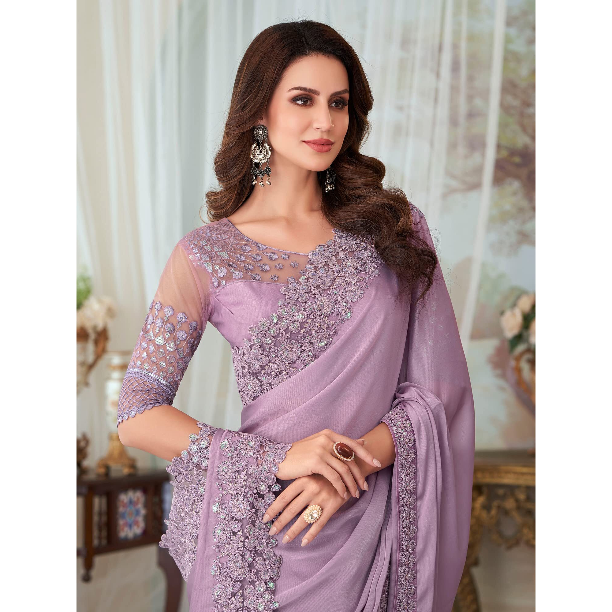 AKHILAM Womens Silk Blend Embellished Designer Saree With Blouse Piece (Lavendar_SILVER27003_TFH)