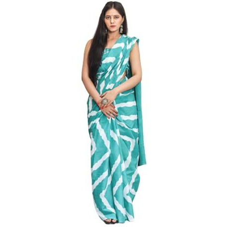 Kiaaron Womens Hand Block Kalamkari Batik Bagru Jaipuri Ikat Printed Handloom Pure Cotton Mulmul Traditional Ethnic Cotton Sarees With Printed Blouse Piece - Green