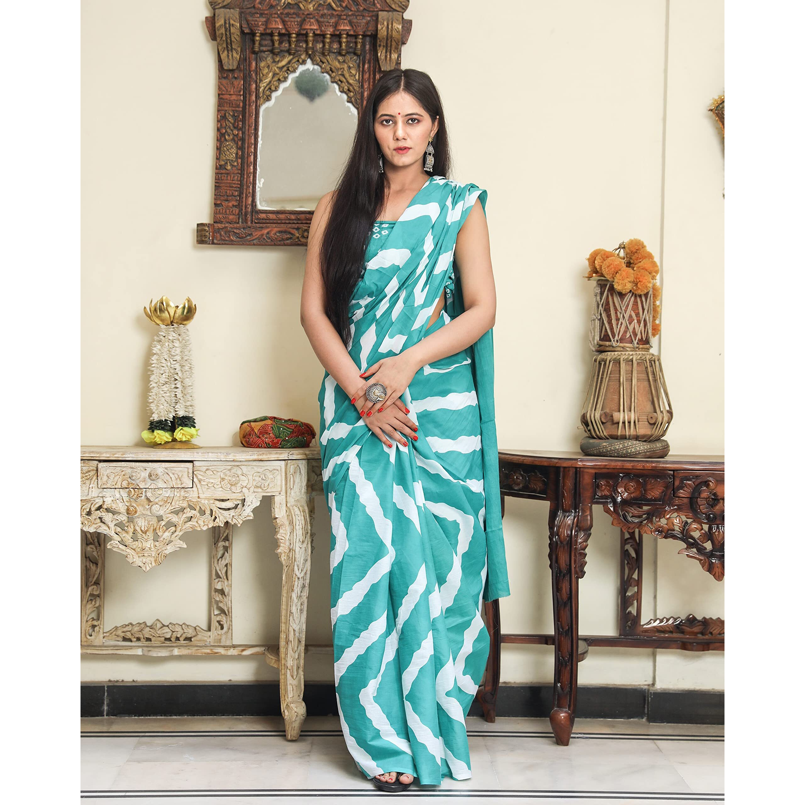 Kiaaron Womens Hand Block Kalamkari Batik Bagru Jaipuri Ikat Printed Handloom Pure Cotton Mulmul Traditional Ethnic Cotton Sarees With Printed Blouse Piece - Green