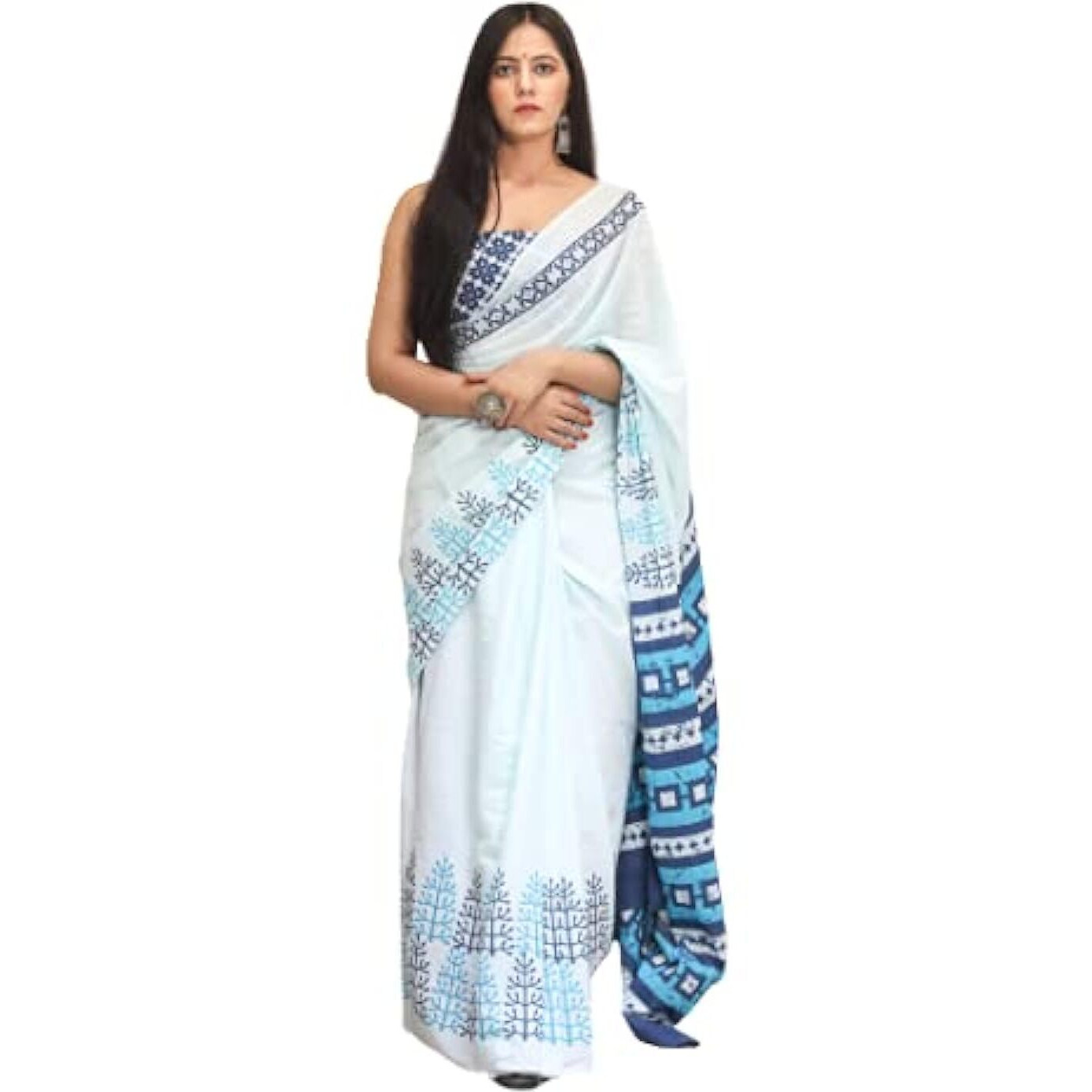Kiaaron Womens Hand Block Kalamkari Batik Bagru Jaipuri Ikat Printed Handloom Pure Cotton Mulmul Traditional Ethnic Cotton Sarees With Printed Blouse Piece - White