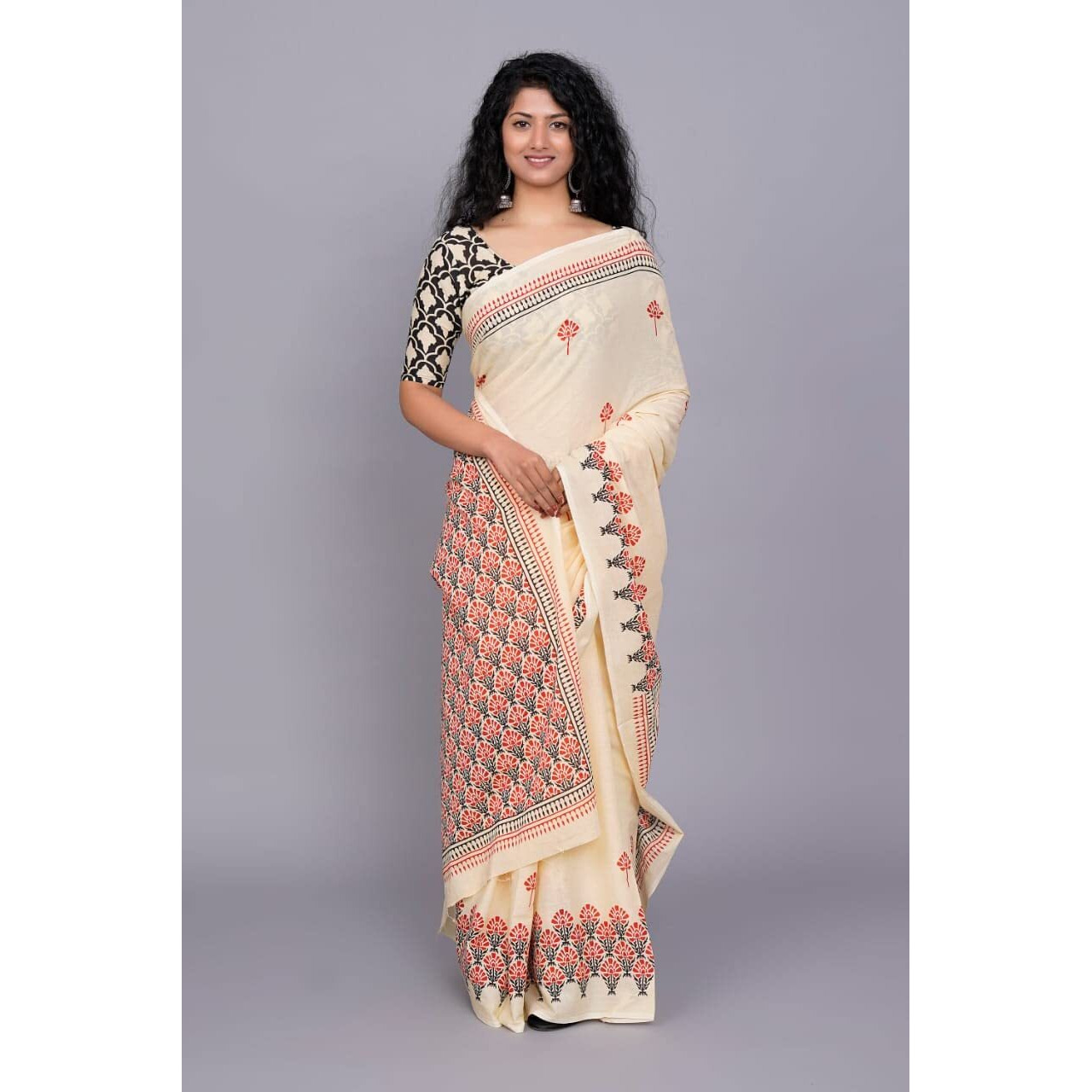 Kiaaron Handicrafts Womens Ikat Hand Block Print Jaipuri Cotton Mulmul Saree with Blouse Piece -Sup_CreamButi_3
