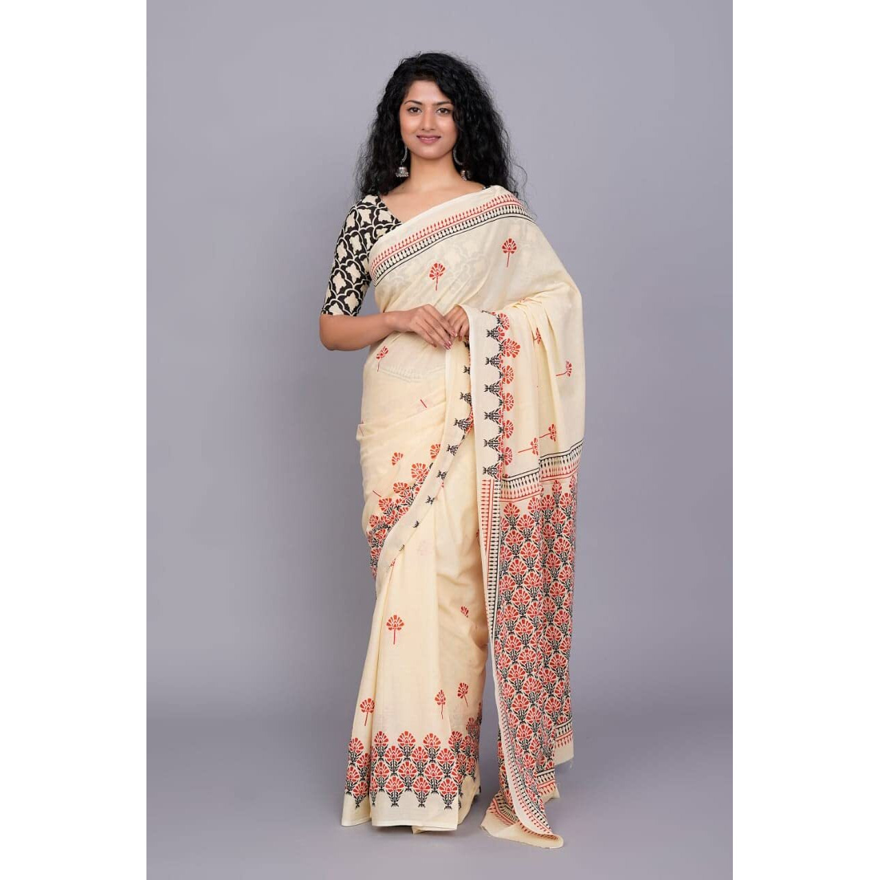 Kiaaron Handicrafts Womens Ikat Hand Block Print Jaipuri Cotton Mulmul Saree with Blouse Piece -Sup_CreamButi_3