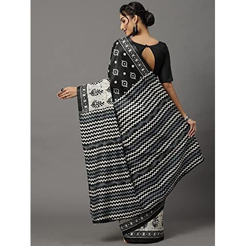 AKHILAM Womens Bhagalpuri Silk Floral Block Print Saree with Unstitched Blouse Piece (Black_18WOM18906)