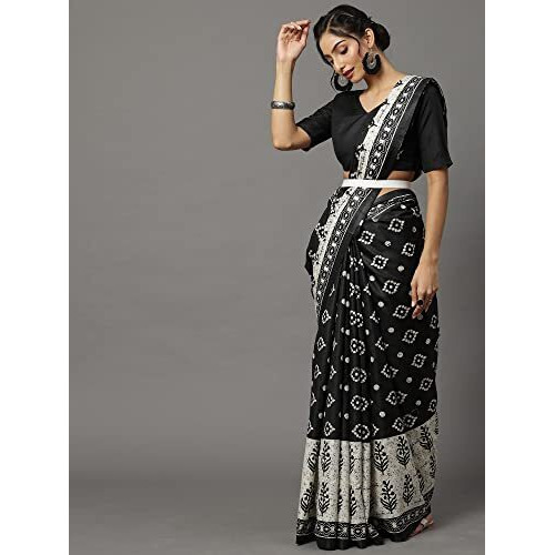 AKHILAM Womens Bhagalpuri Silk Floral Block Print Saree with Unstitched Blouse Piece (Black_18WOM18906)
