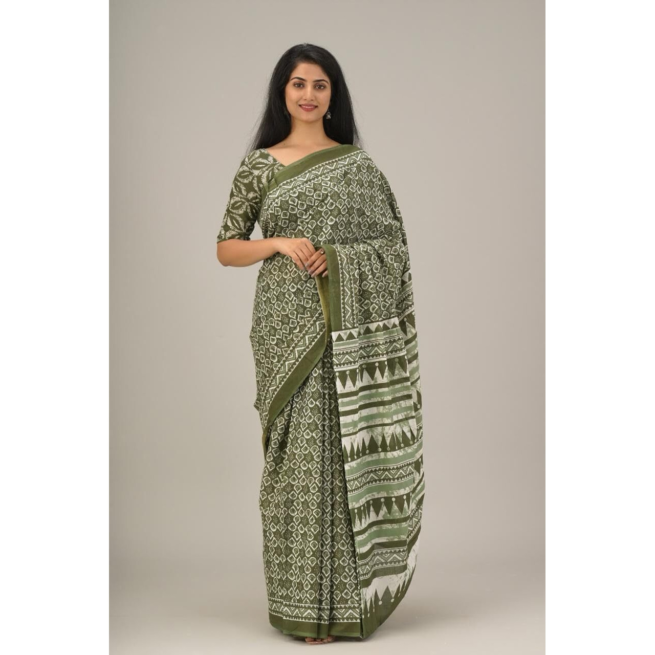 Kiaaron Handicrafts Womens Ikat Hand Block Print Jaipuri Cotton Mulmul Saree with Blouse Piece - 1Green_39