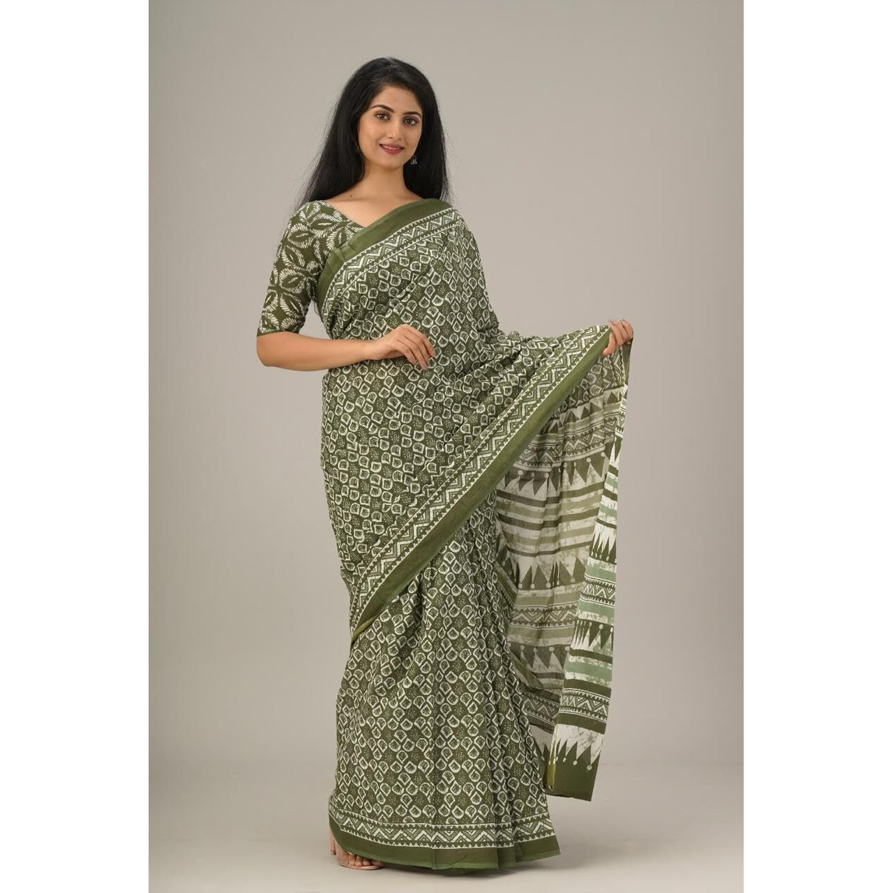 Kiaaron Handicrafts Womens Ikat Hand Block Print Jaipuri Cotton Mulmul Saree with Blouse Piece - 1Green_39