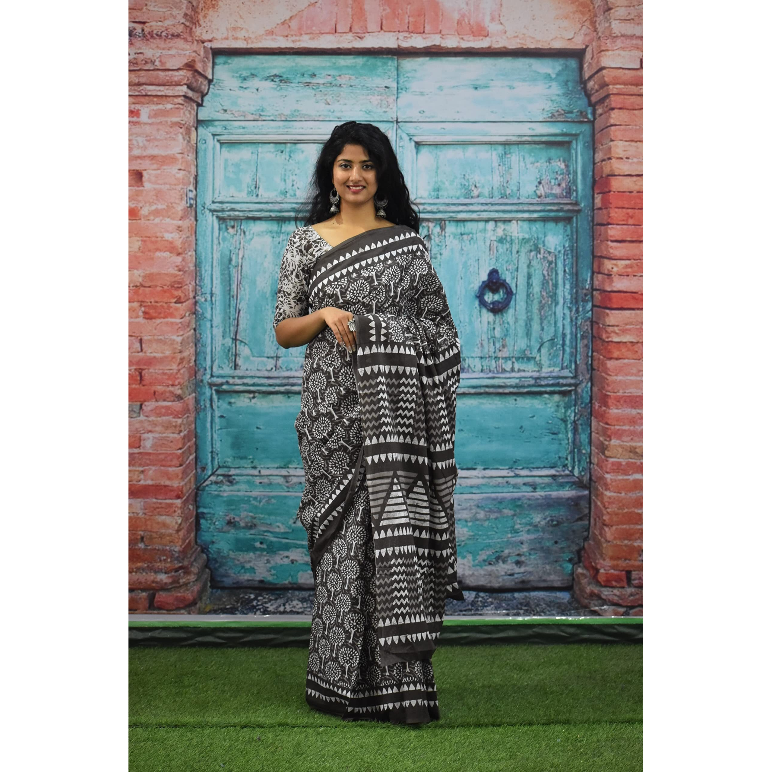 Kiaaron Womens Ikat Hand Block Print Jaipuri Cotton Mulmul Saree with Blouse Piece - Grey_64