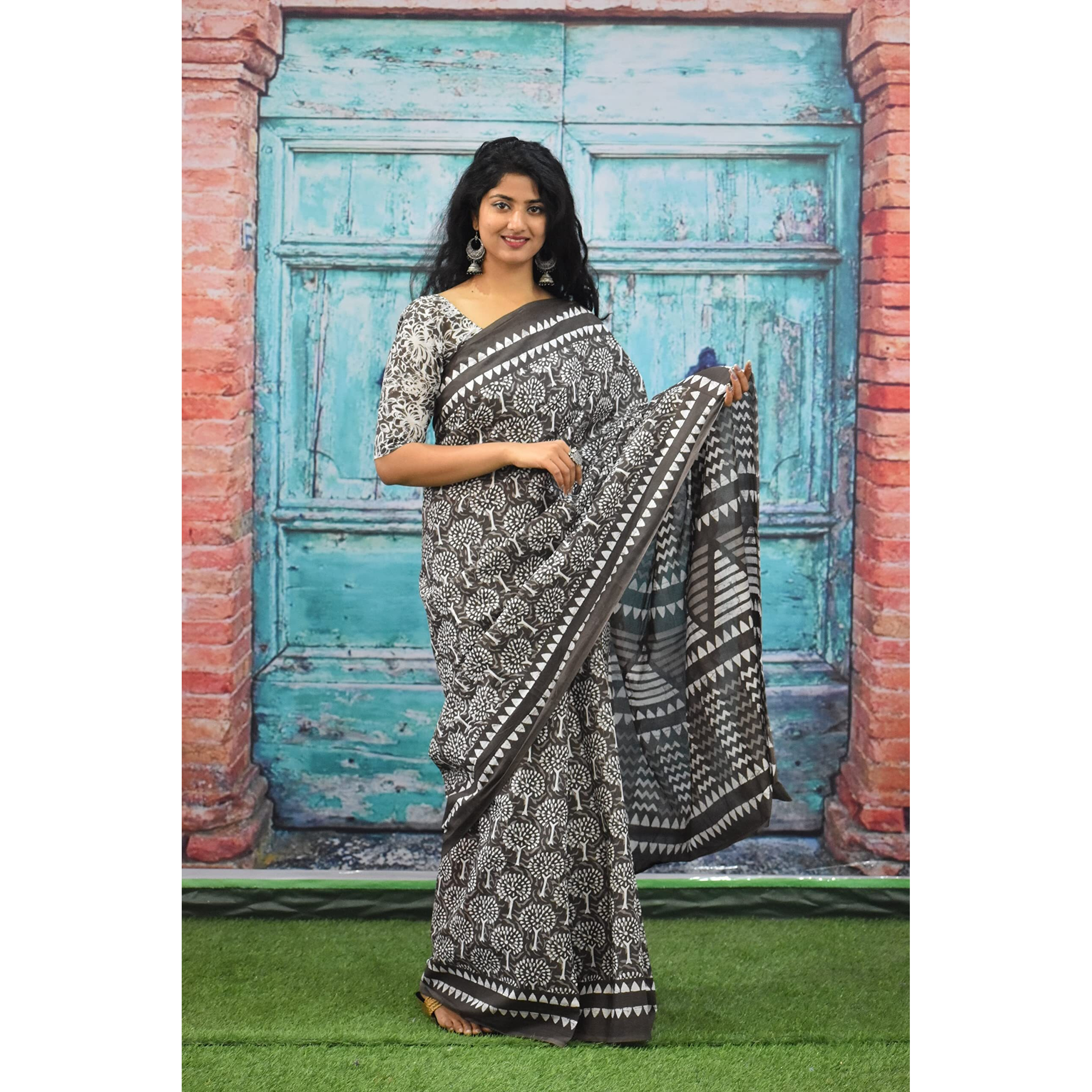 Kiaaron Womens Ikat Hand Block Print Jaipuri Cotton Mulmul Saree with Blouse Piece - Grey_64