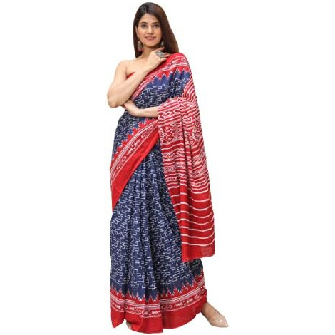 Kiaaron Womens Hand Block Kalamkari Batik Bagru Jaipuri Ikat Printed Handloom Pure Cotton Mulmul Traditional Ethnic Cotton Sarees With Printed Blouse Piece - Blue