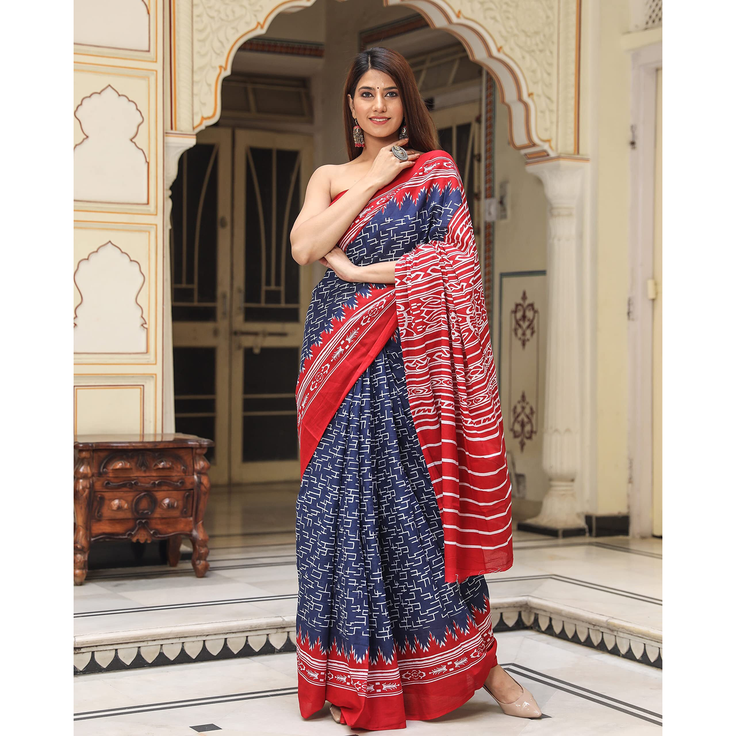 Kiaaron Womens Hand Block Kalamkari Batik Bagru Jaipuri Ikat Printed Handloom Pure Cotton Mulmul Traditional Ethnic Cotton Sarees With Printed Blouse Piece - Blue
