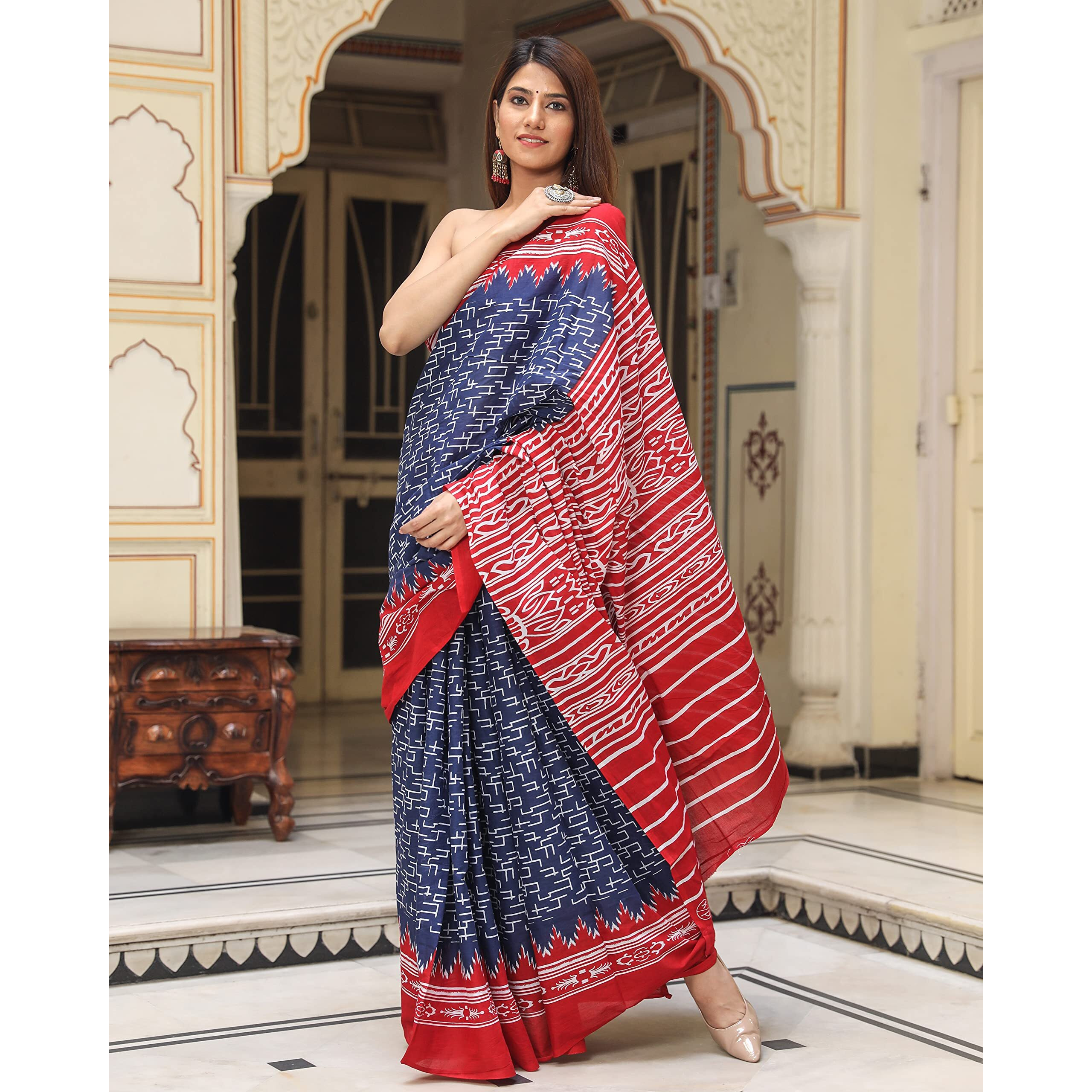 Kiaaron Womens Hand Block Kalamkari Batik Bagru Jaipuri Ikat Printed Handloom Pure Cotton Mulmul Traditional Ethnic Cotton Sarees With Printed Blouse Piece - Blue