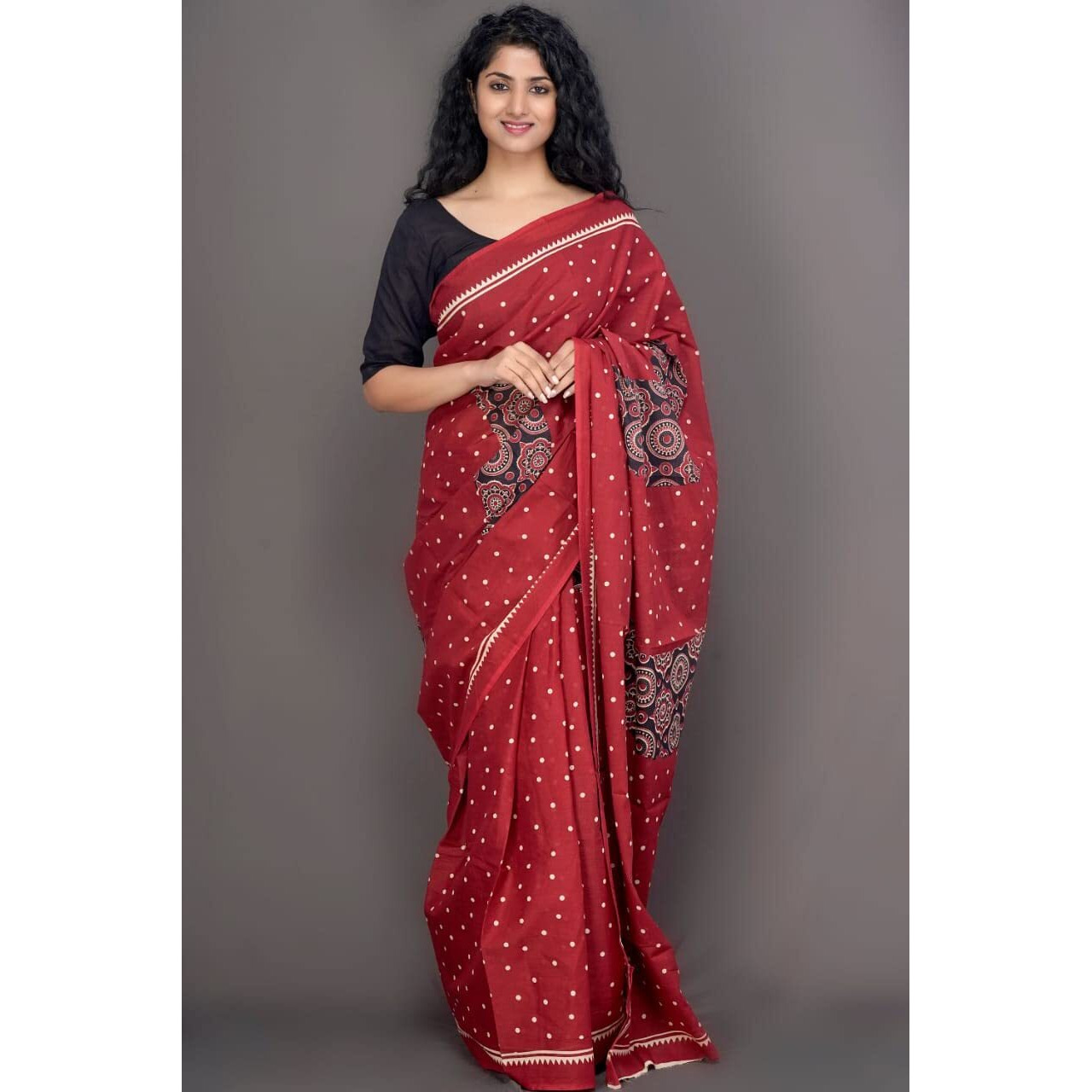 Kiaaron Womens Ikat Hand Block Print Jaipuri Cotton Mulmul Saree with Blouse Piece - Maroon_20