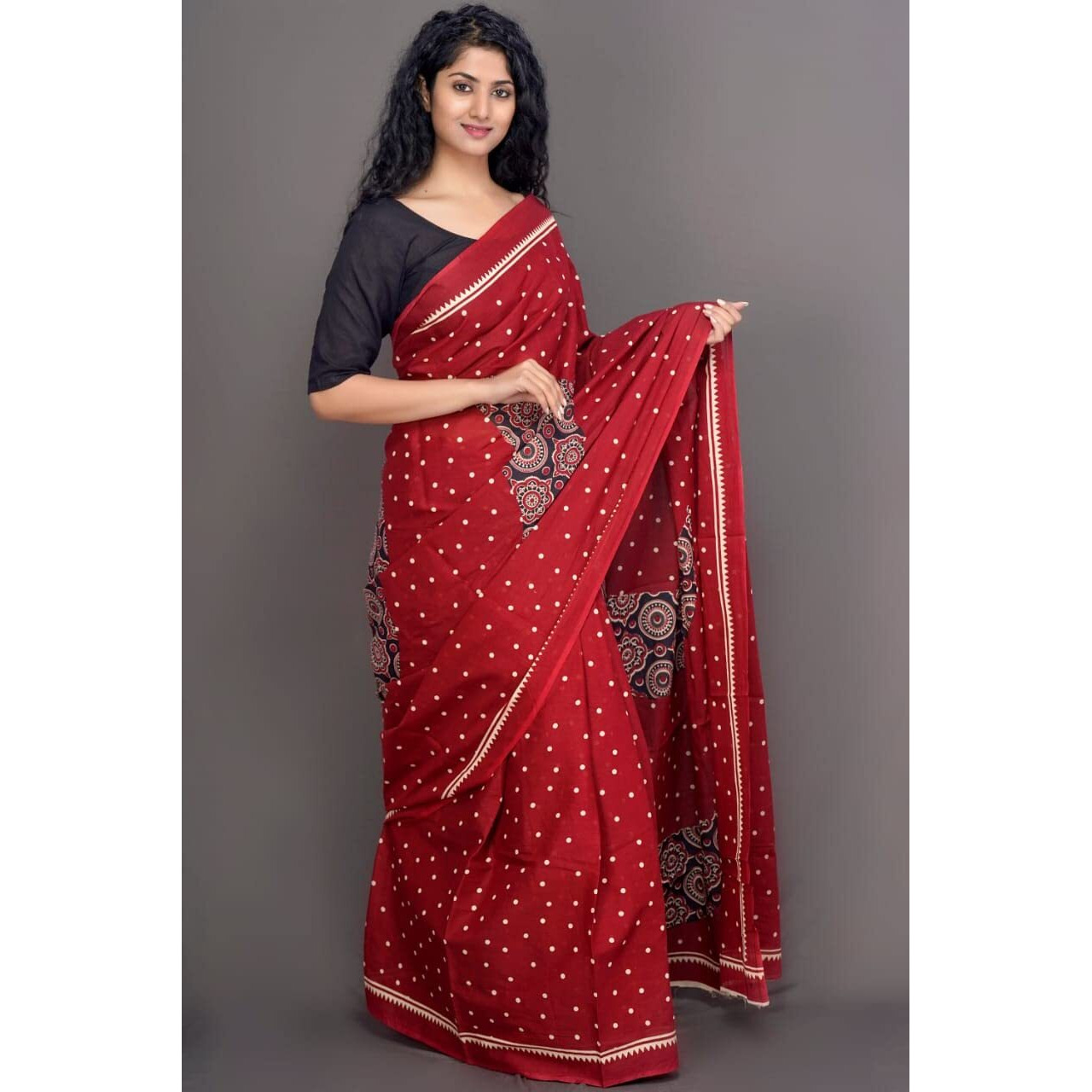 Kiaaron Womens Ikat Hand Block Print Jaipuri Cotton Mulmul Saree with Blouse Piece - Maroon_20