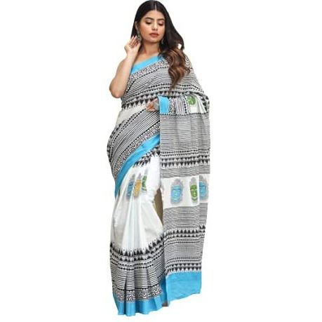Kiaaron Womens Hand Block Kalamkari Batik Bagru Jaipuri Ikat Printed Handloom Pure Cotton Mulmul Traditional Ethnic Cotton Sarees With Printed Blouse Piece - White