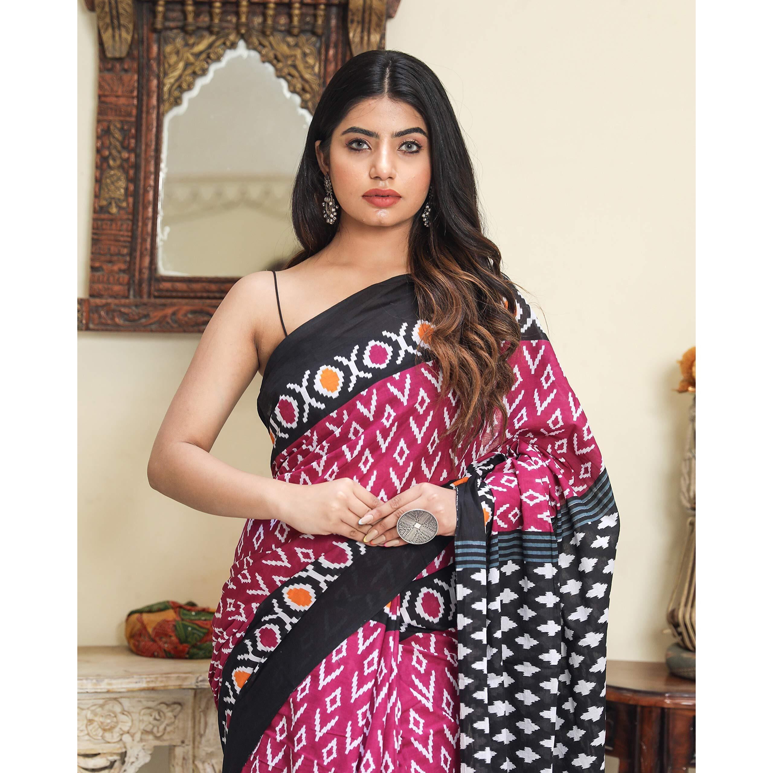 Kiaaron Womens Hand Block Kalamkari Batik Bagru Jaipuri Ikat Printed Handloom Pure Cotton Mulmul Traditional Ethnic Cotton Sarees With Printed Blouse Piece - Brown