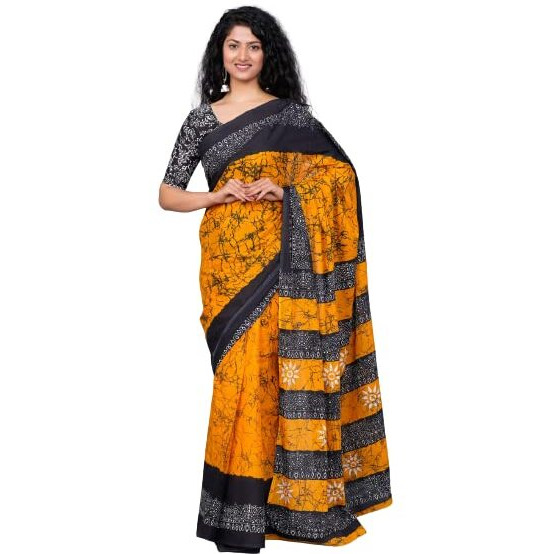 Kiaaron Womens Ikat Hand Block Print Jaipuri Cotton Mulmul Saree with Blouse Piece - Yellow_21