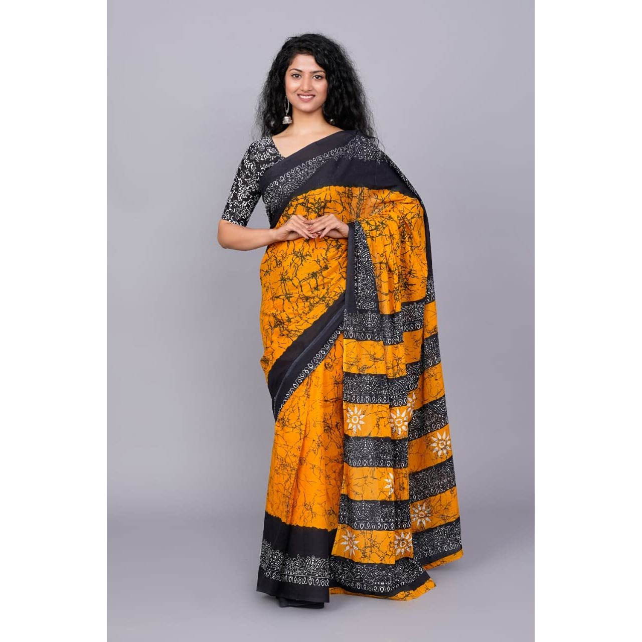 Kiaaron Womens Ikat Hand Block Print Jaipuri Cotton Mulmul Saree with Blouse Piece - Yellow_21