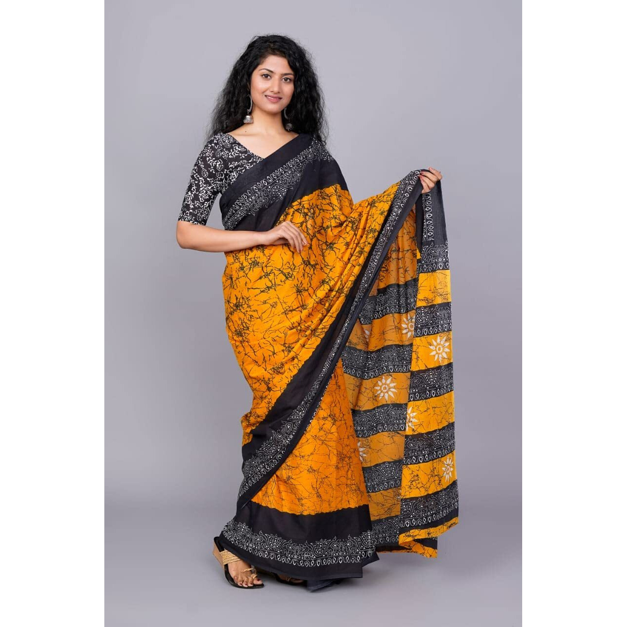 Kiaaron Womens Ikat Hand Block Print Jaipuri Cotton Mulmul Saree with Blouse Piece - Yellow_21