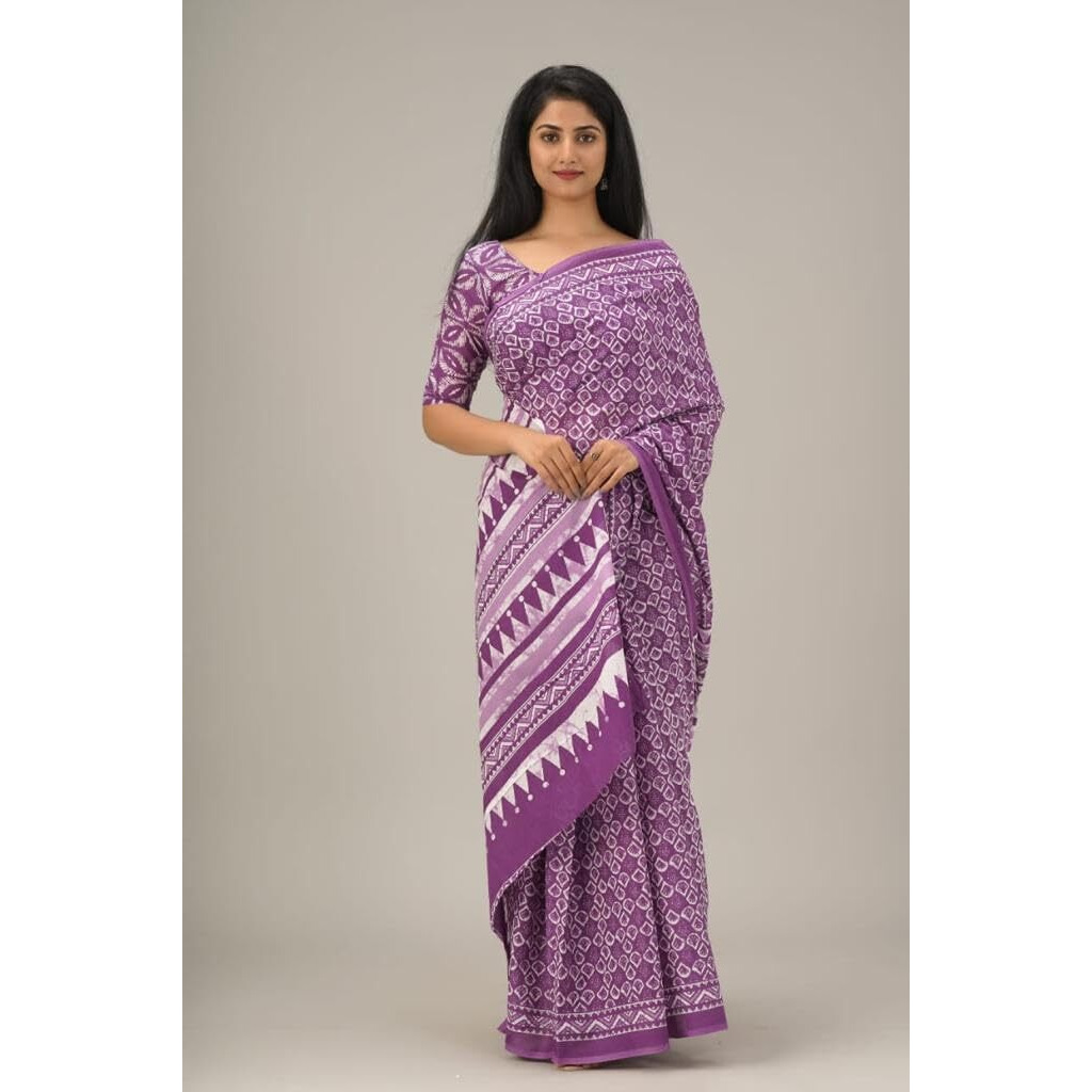 Kiaaron Handicrafts Womens Ikat Hand Block Print Jaipuri Cotton Mulmul Saree with Blouse Piece - Purple_38