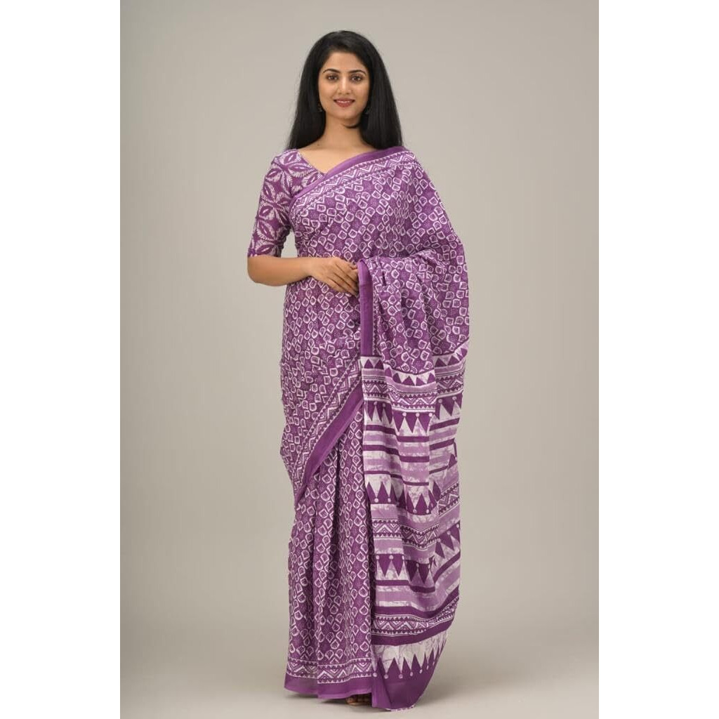 Kiaaron Handicrafts Womens Ikat Hand Block Print Jaipuri Cotton Mulmul Saree with Blouse Piece - Purple_38