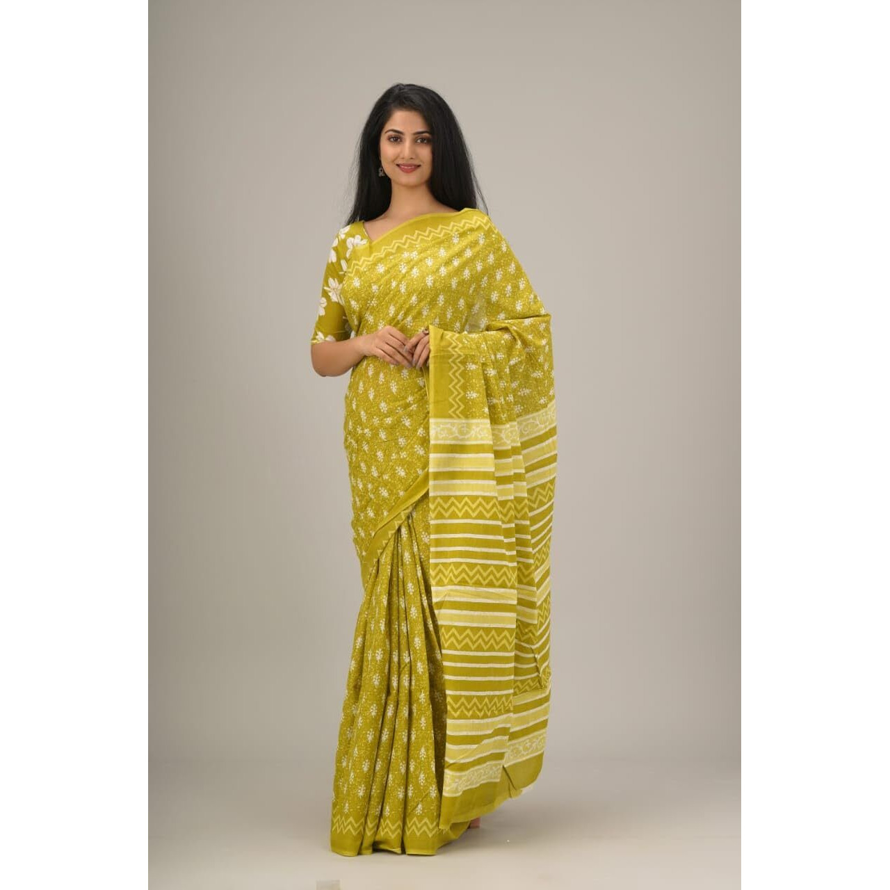 Kiaaron Handicrafts Womens Ikat Hand Block Print Jaipuri Cotton Mulmul Saree with Blouse Piece - Green_29