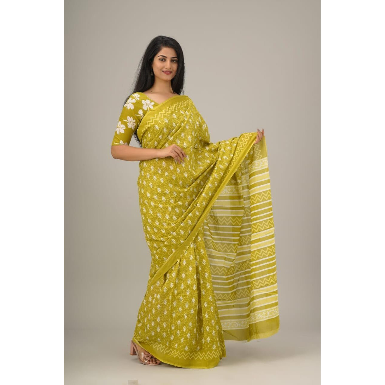 Kiaaron Handicrafts Womens Ikat Hand Block Print Jaipuri Cotton Mulmul Saree with Blouse Piece - Green_29