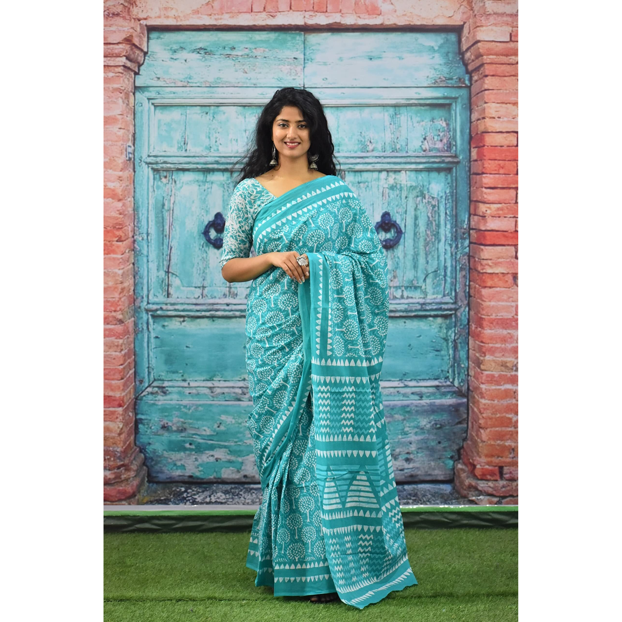 Kiaaron Womens Ikat Hand Block Print Jaipuri Cotton Mulmul Saree with Blouse Piece - Multi_63