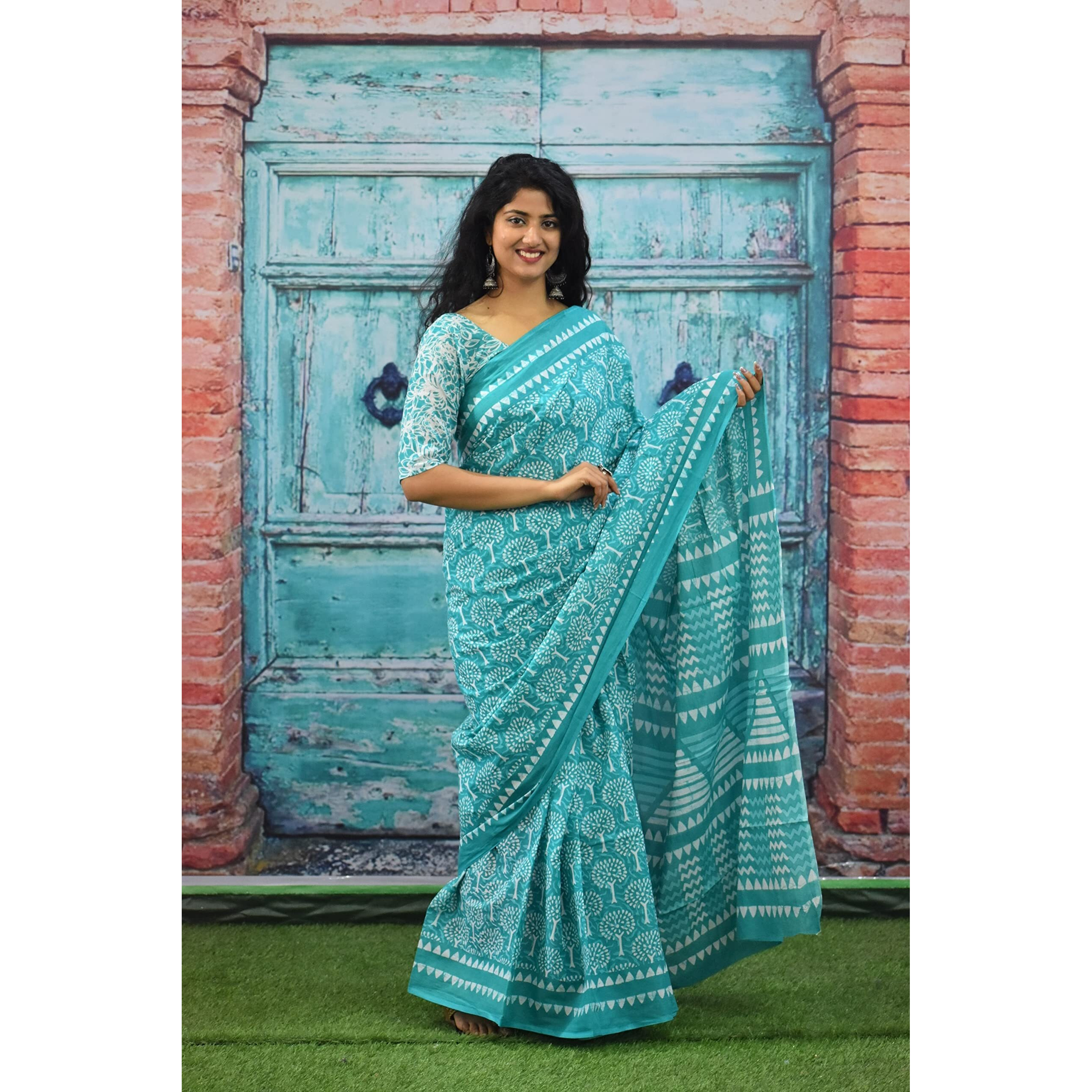 Kiaaron Womens Ikat Hand Block Print Jaipuri Cotton Mulmul Saree with Blouse Piece - Multi_63