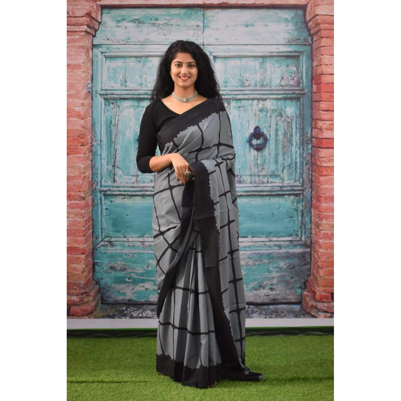 Kiaaron Womens Hand Block Kalamkari Batik Bagru Jaipuri Ikat Printed Handloom Pure Cotton Mulmul Traditional Ethnic Cotton Sarees With Printed Blouse Piece - Grey