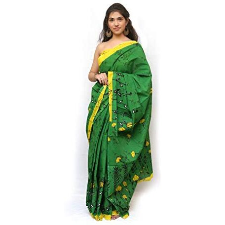 Kiaaron Womens Hand Block Kalamkari Batik Bagru Jaipuri Ikat Printed Handloom Pure Cotton Mulmul Traditional Ethnic Cotton Sarees With Printed Blouse Piece - Green