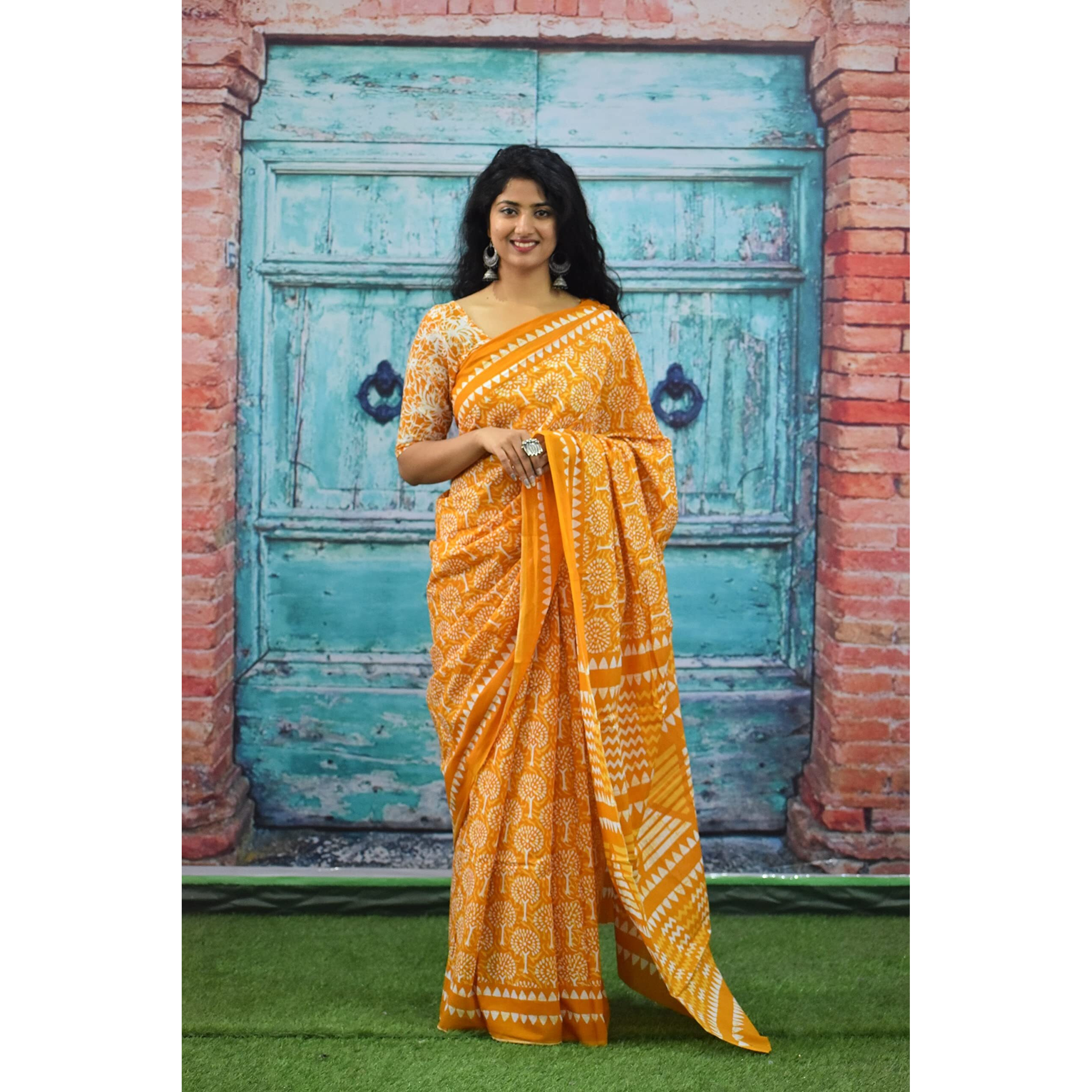 Kiaaron Womens Ikat Hand Block Print Jaipuri Cotton Mulmul Saree with Blouse Piece - Yellow_61