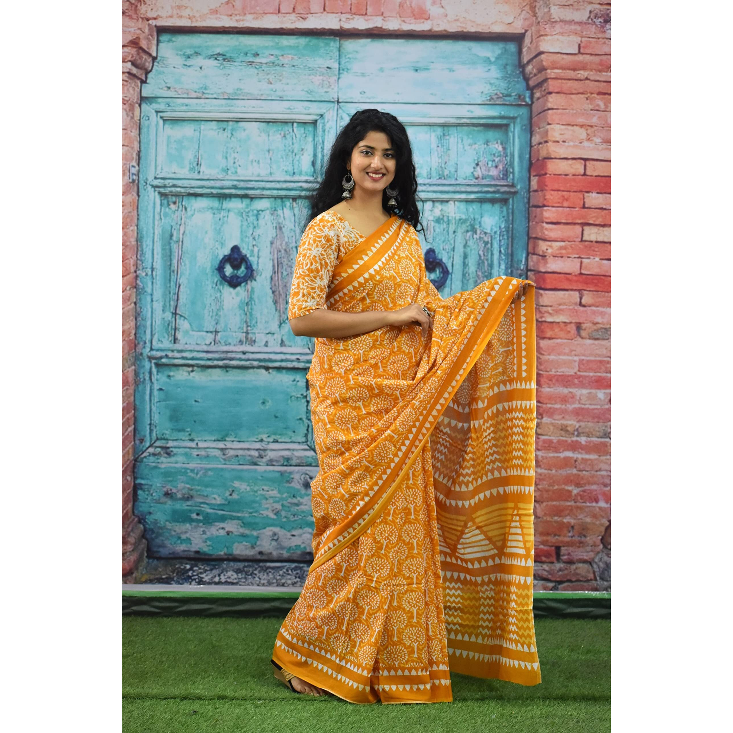 Kiaaron Womens Ikat Hand Block Print Jaipuri Cotton Mulmul Saree with Blouse Piece - Yellow_61