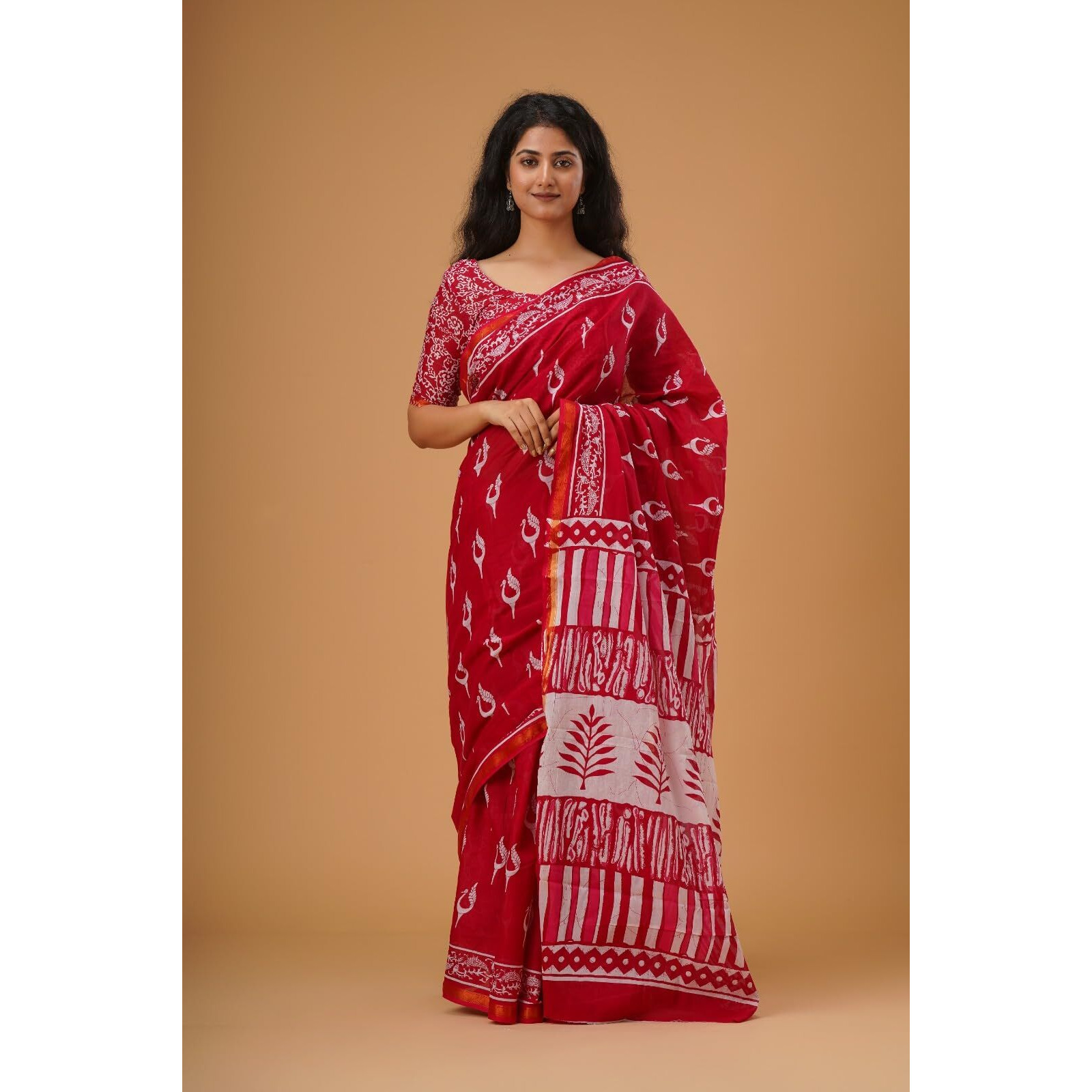Kiaaron Handicrafts Womens Ikat Hand Block Print Jaipuri Cotton Mulmul Saree Zari Border with Blouse Piece_Red_7