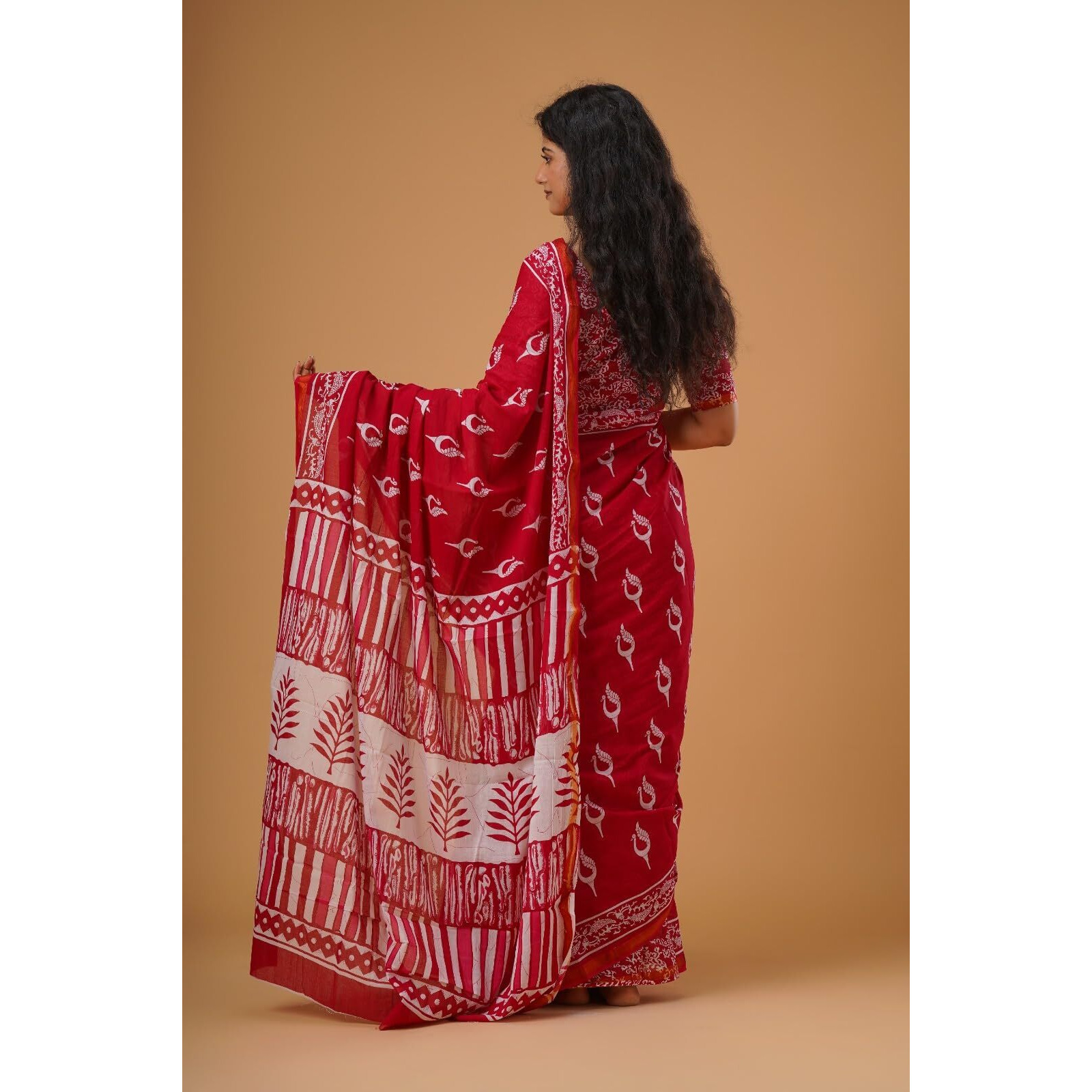 Kiaaron Handicrafts Womens Ikat Hand Block Print Jaipuri Cotton Mulmul Saree Zari Border with Blouse Piece_Red_7