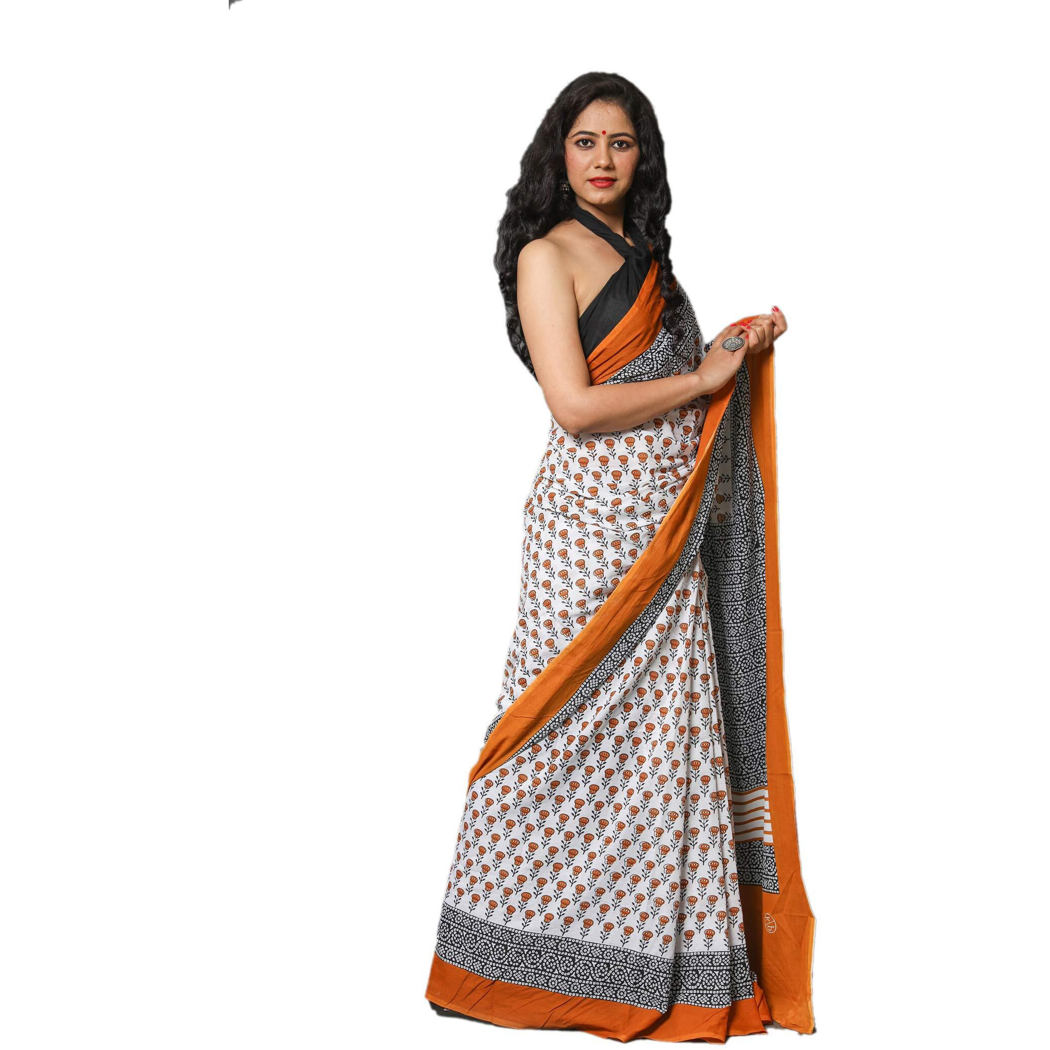 Kiaaron Womens Hand Block Kalamkari Batik Bagru Jaipuri Ikat Printed Handloom Pure Cotton Mulmul Traditional Ethnic Cotton Sarees With Printed Blouse Piece - Yellow_White