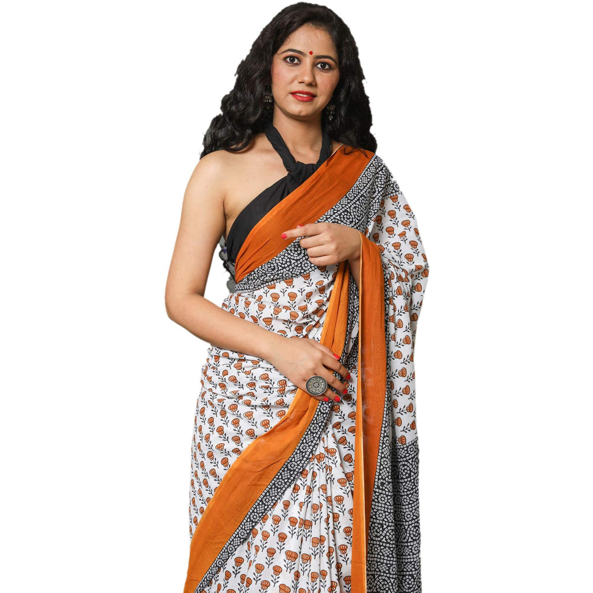 Kiaaron Womens Hand Block Kalamkari Batik Bagru Jaipuri Ikat Printed Handloom Pure Cotton Mulmul Traditional Ethnic Cotton Sarees With Printed Blouse Piece - Yellow_White