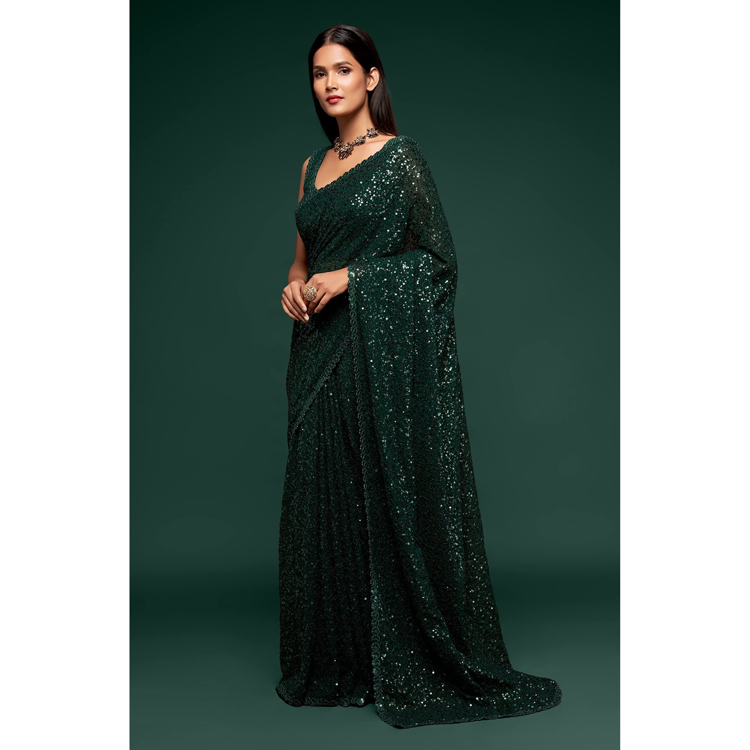 TRENDMALLS Womens Georgette Heavy Sequins Work Heavy Saree with Blouse (Dark Green)