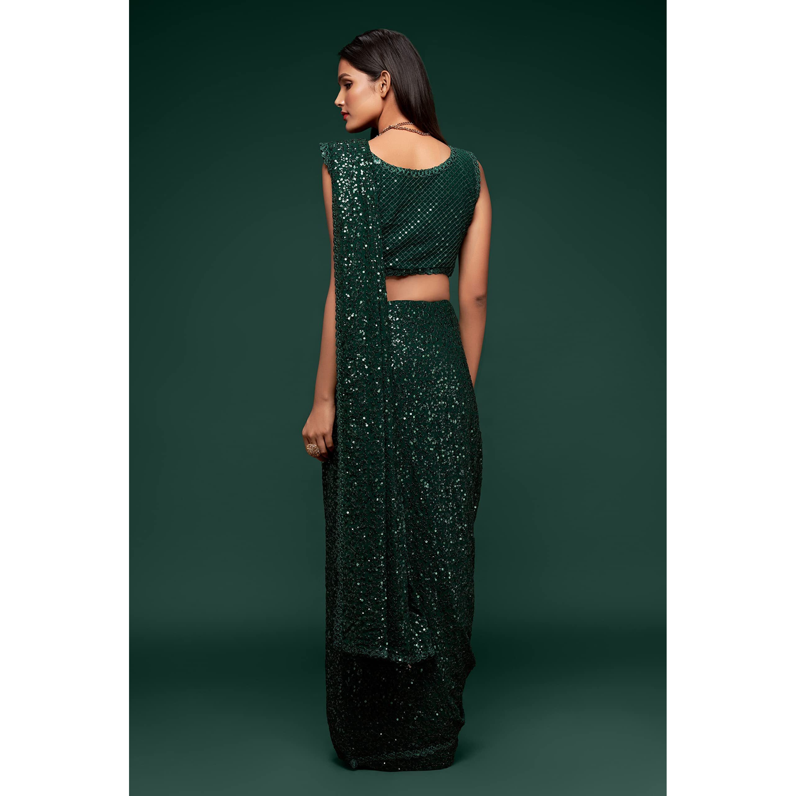 TRENDMALLS Womens Georgette Heavy Sequins Work Heavy Saree with Blouse (Dark Green)