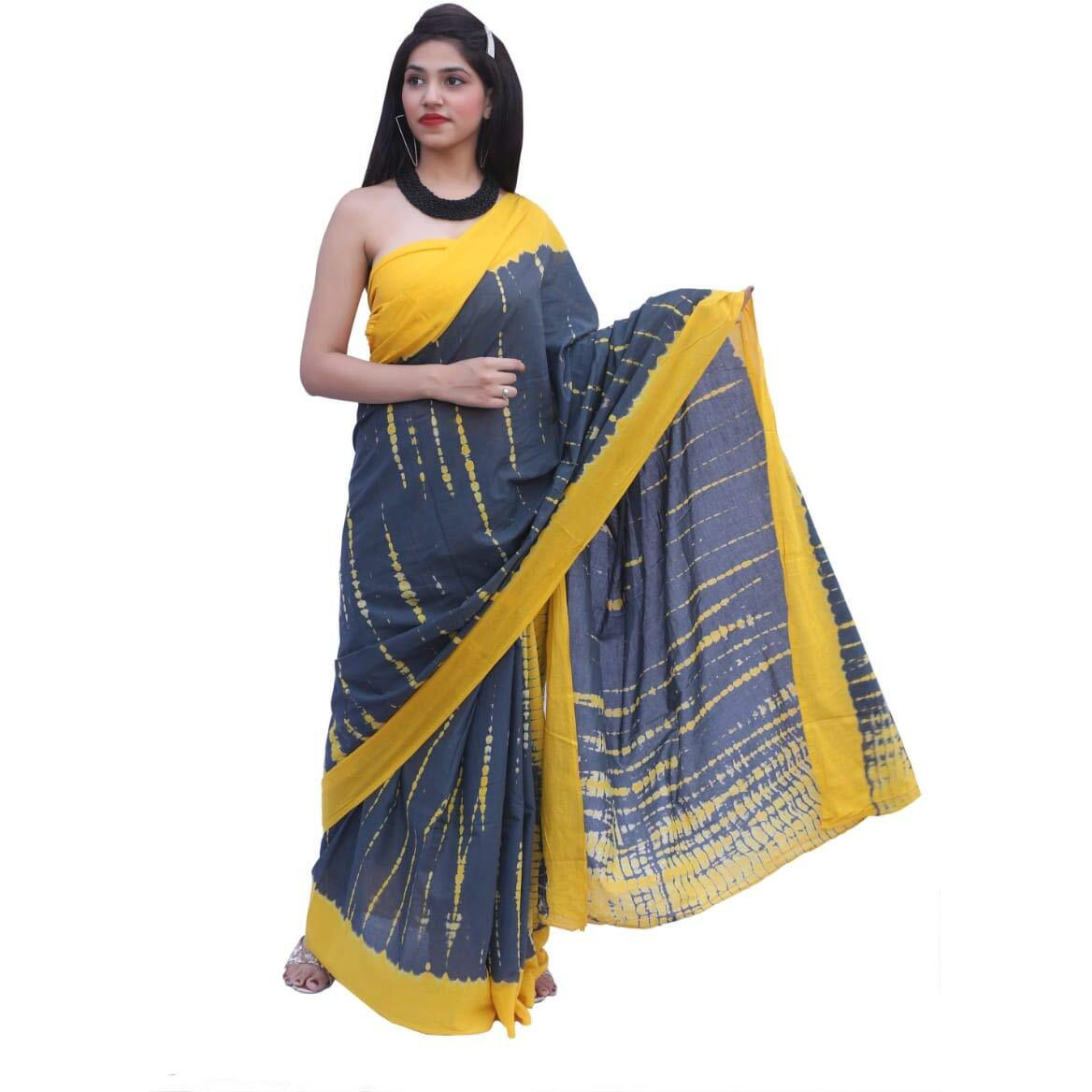Kiaaron Womens Hand Block Kalamkari Batik Bagru Jaipuri Ikat Printed Handloom Pure Cotton Mulmul Traditional Ethnic Cotton Sarees With Printed Blouse Piece - Grey_Yellow