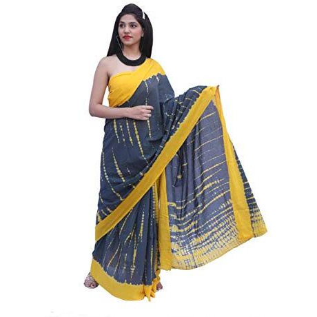 Kiaaron Womens Hand Block Kalamkari Batik Bagru Jaipuri Ikat Printed Handloom Pure Cotton Mulmul Traditional Ethnic Cotton Sarees With Printed Blouse Piece - Grey_Yellow