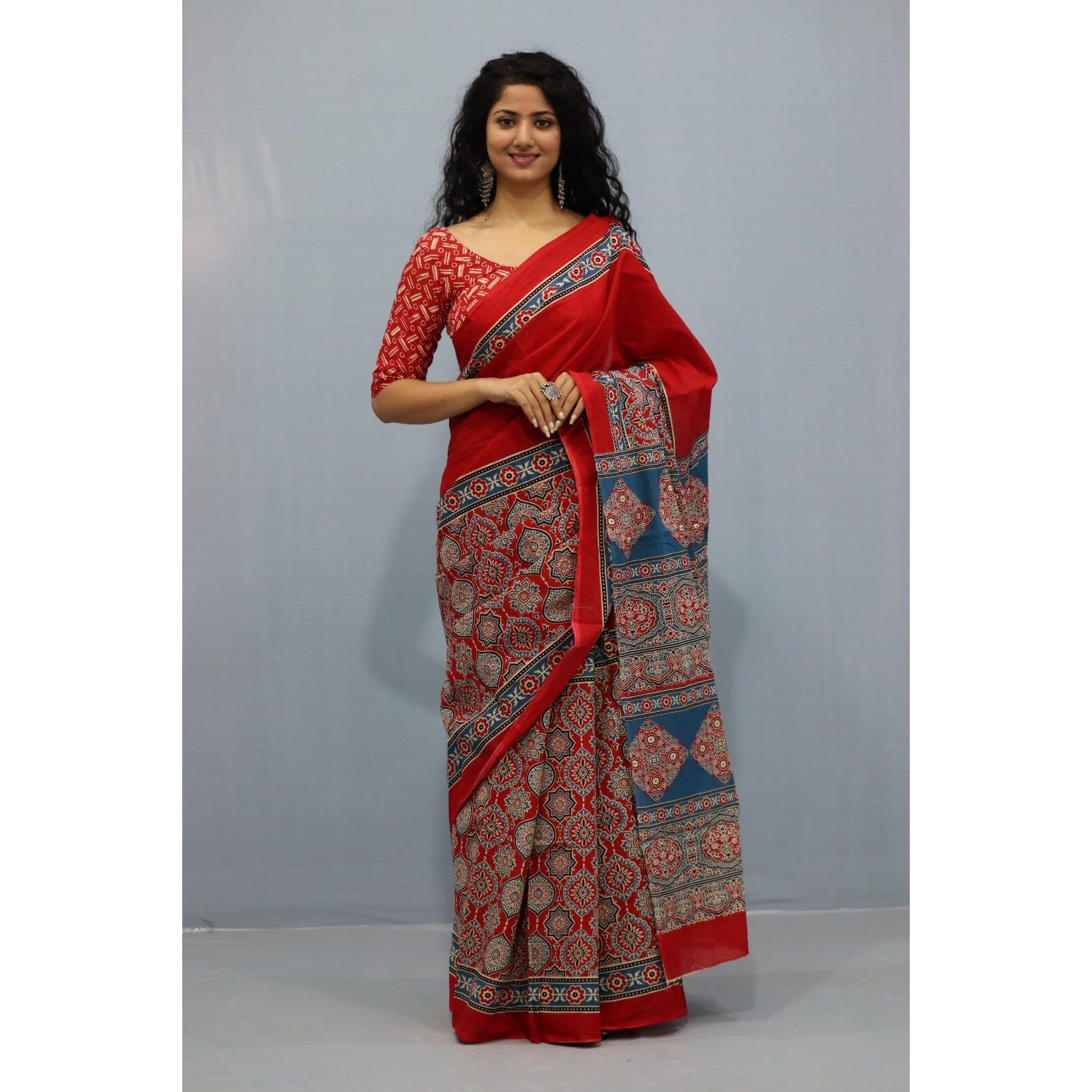 Kiaaron Handicrafts Womens Ikat Hand Block Print Jaipuri Cotton Mulmul Saree with Blouse Piece - _2