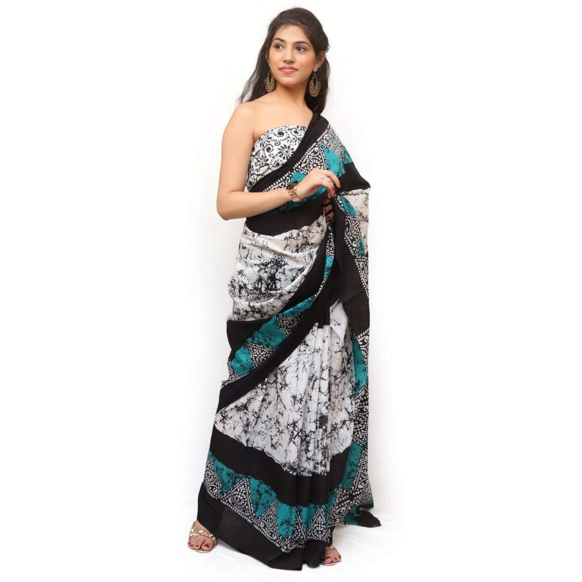 Kiaaron Womens Hand Block Kalamkari Batik Bagru Jaipuri Ikat Printed Handloom Pure Cotton Mulmul Traditional Ethnic Cotton Sarees With Printed Blouse Piece - Black