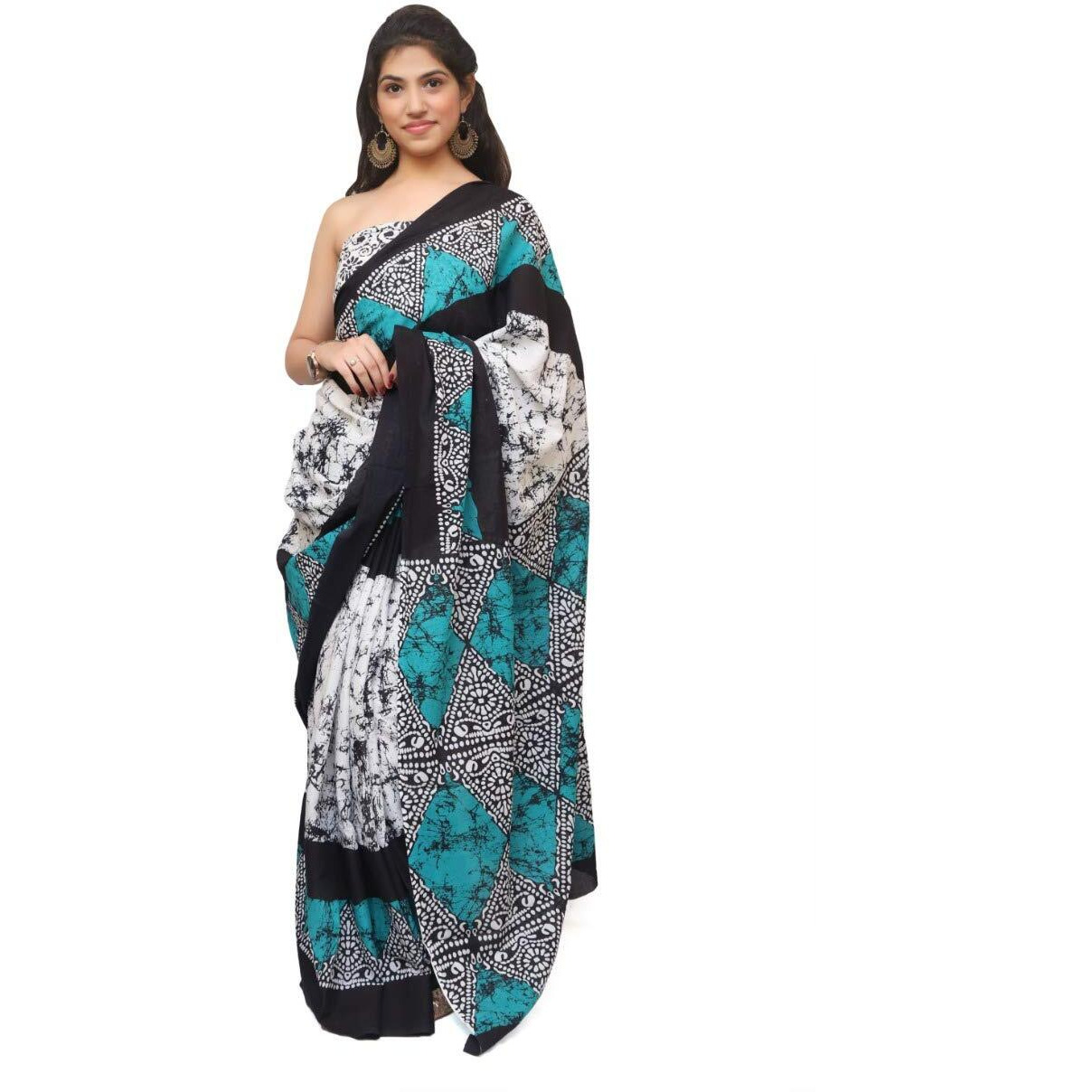 Kiaaron Womens Hand Block Kalamkari Batik Bagru Jaipuri Ikat Printed Handloom Pure Cotton Mulmul Traditional Ethnic Cotton Sarees With Printed Blouse Piece - Black